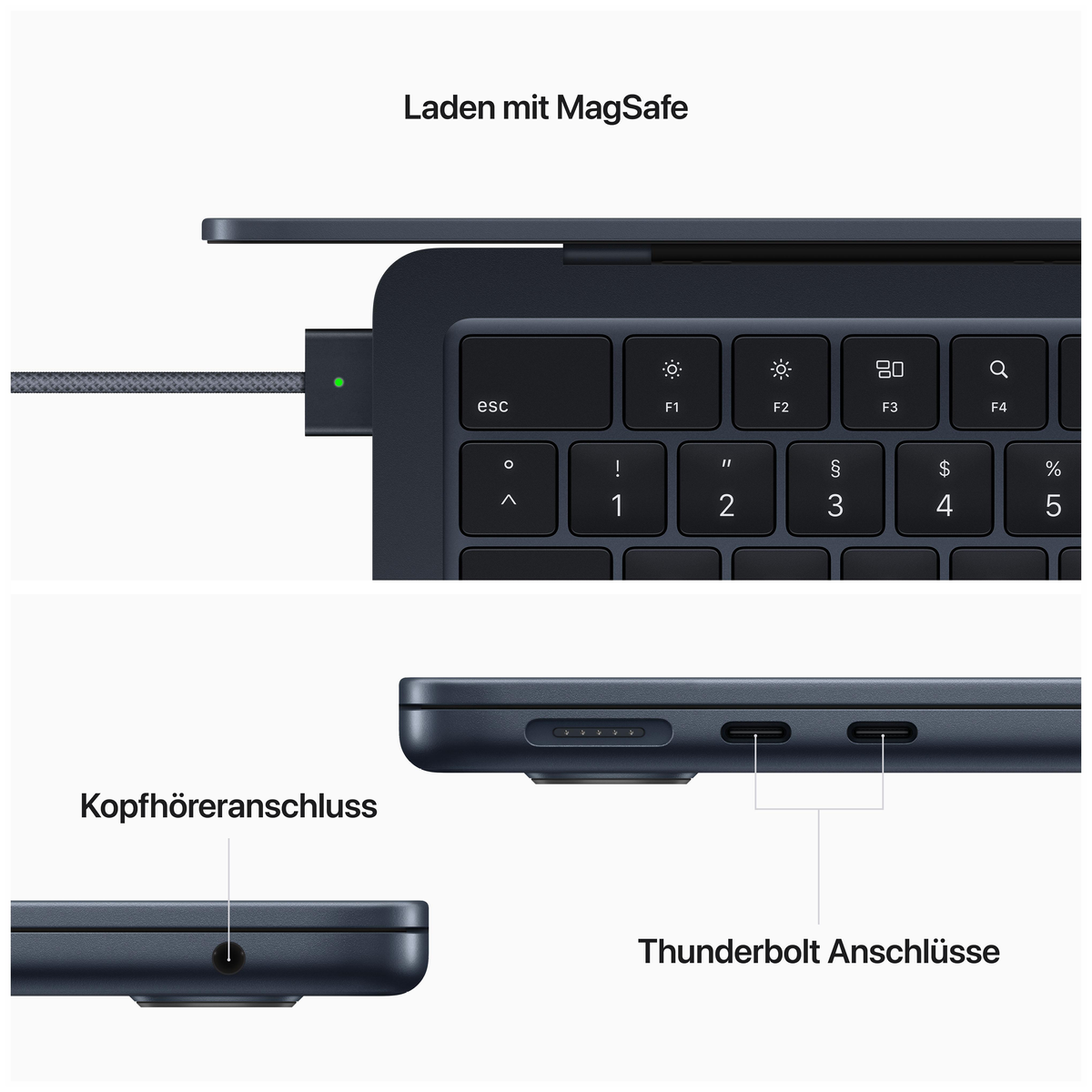 Nahaufnahme eines Laptops mit MagSafe-Ladeanschluss und Thunderbolt-Anschlüssen. Tastatur.