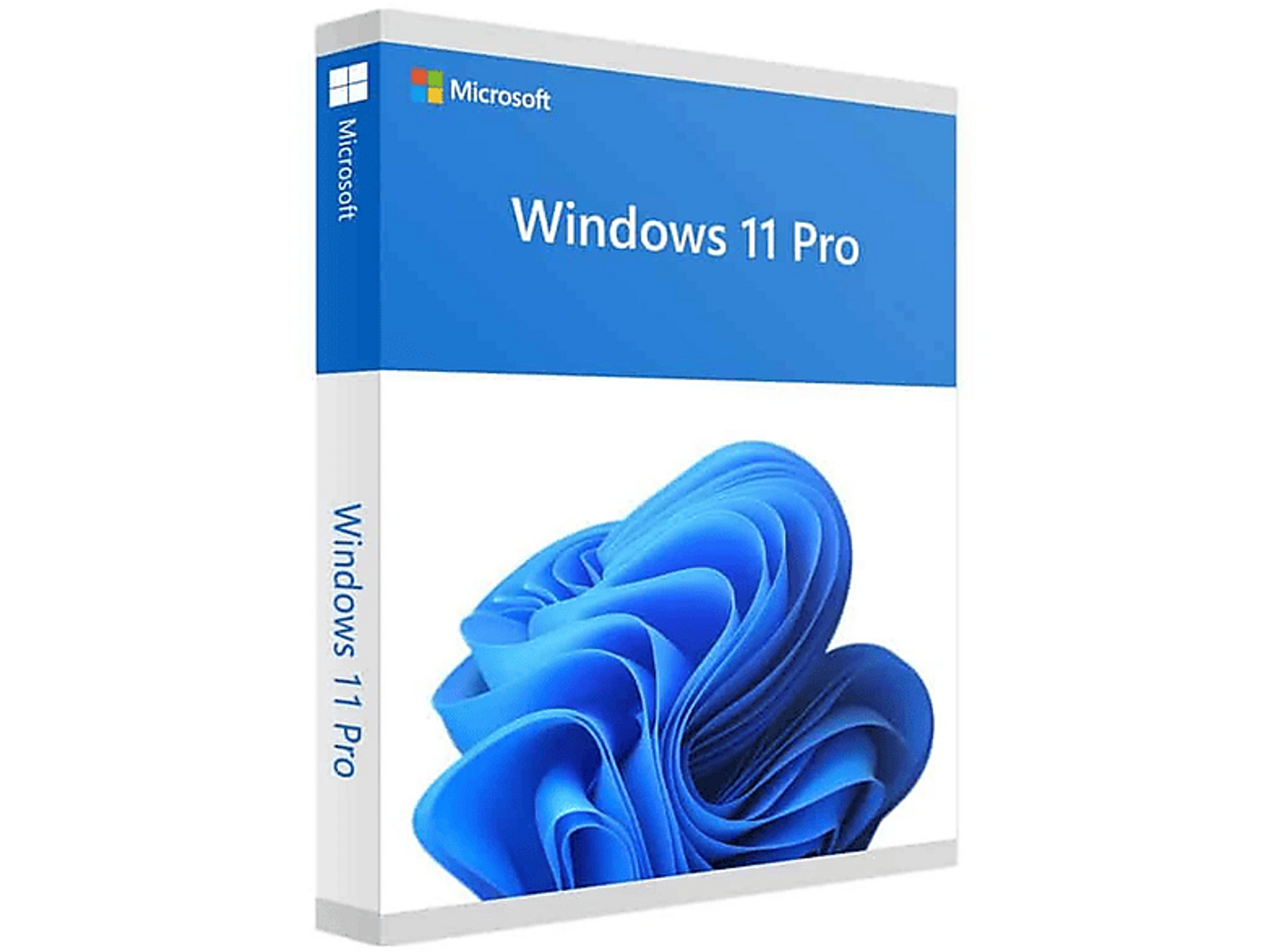 Een Windows 11 Pro-doos wordt weergegeven. De doos is blauw met het Windows-logo en tekst.