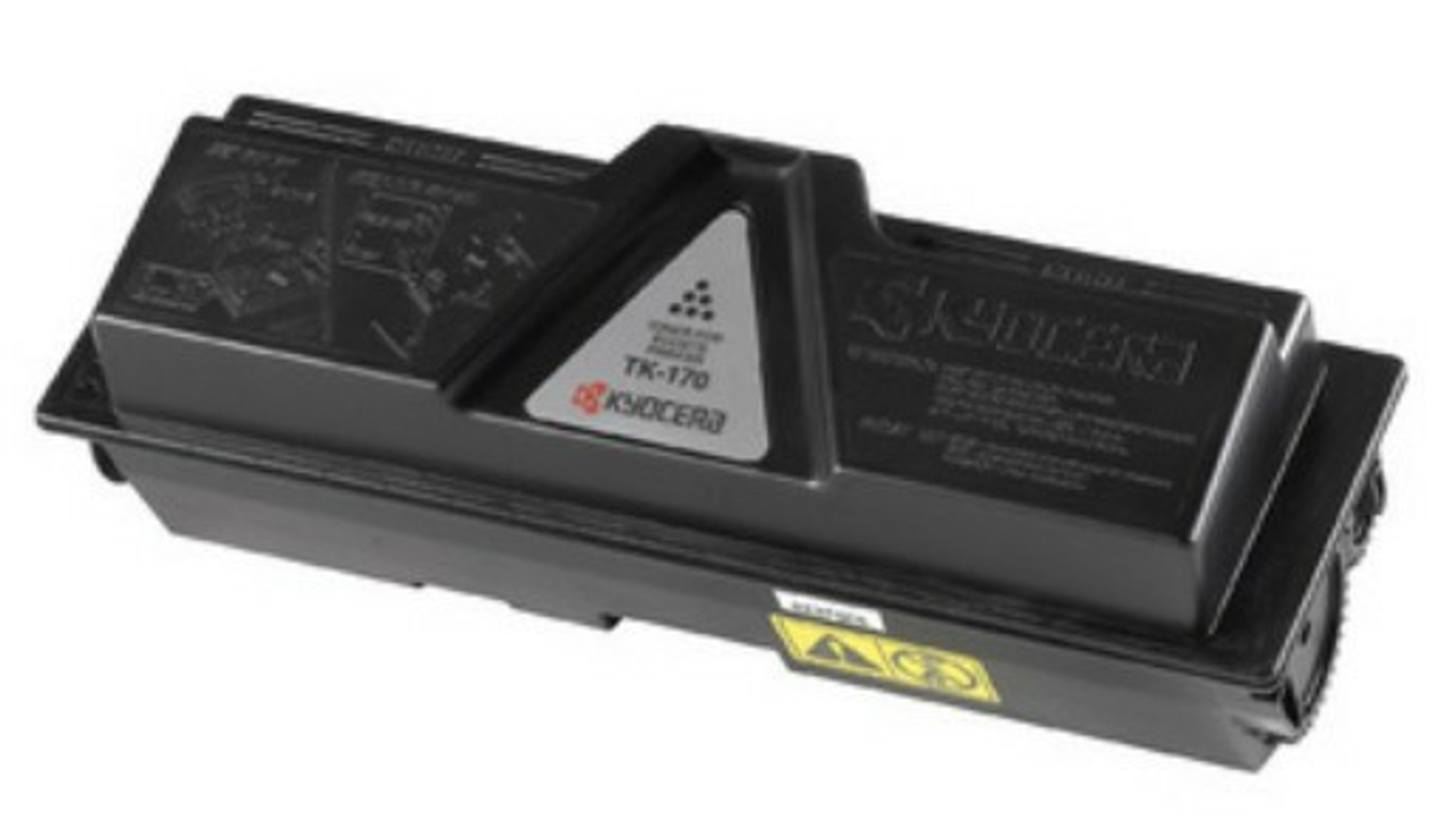 Cartuccia toner nera Kyocera TK-170, vista angolata. Ha etichette di avvertenza e un logo triangolare.