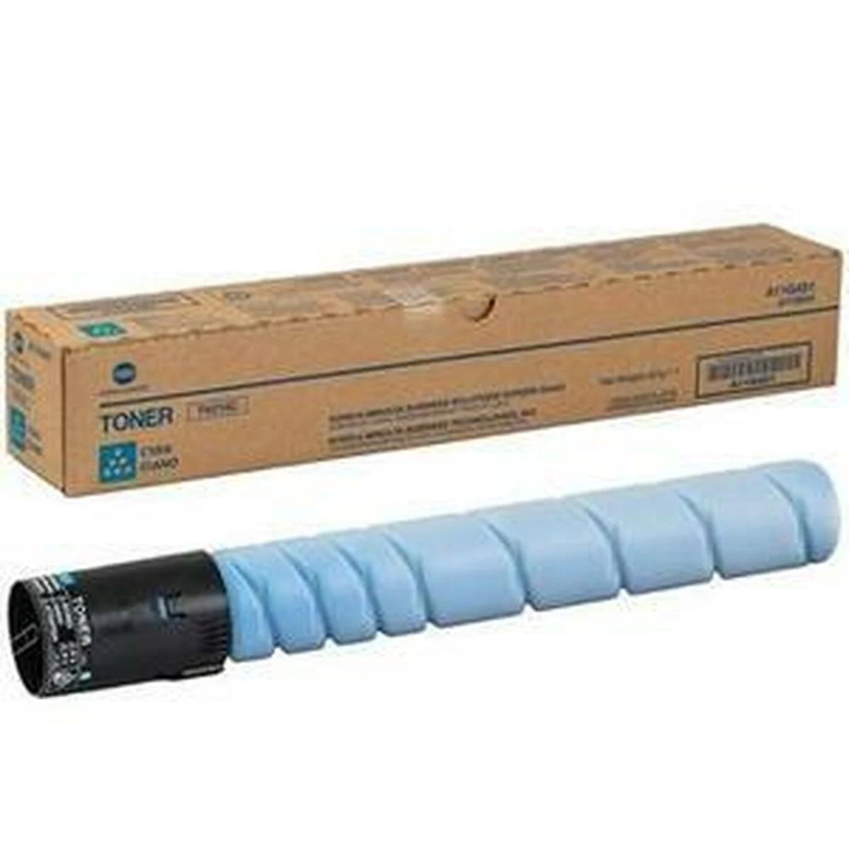 Cartuccia toner azzurra e la sua scatola di cartone.