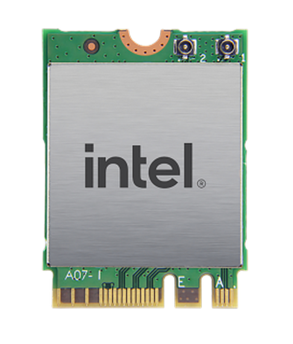 Intel Wi-Fi-Karte auf weißem Hintergrund, mit silbernem Quadrat.