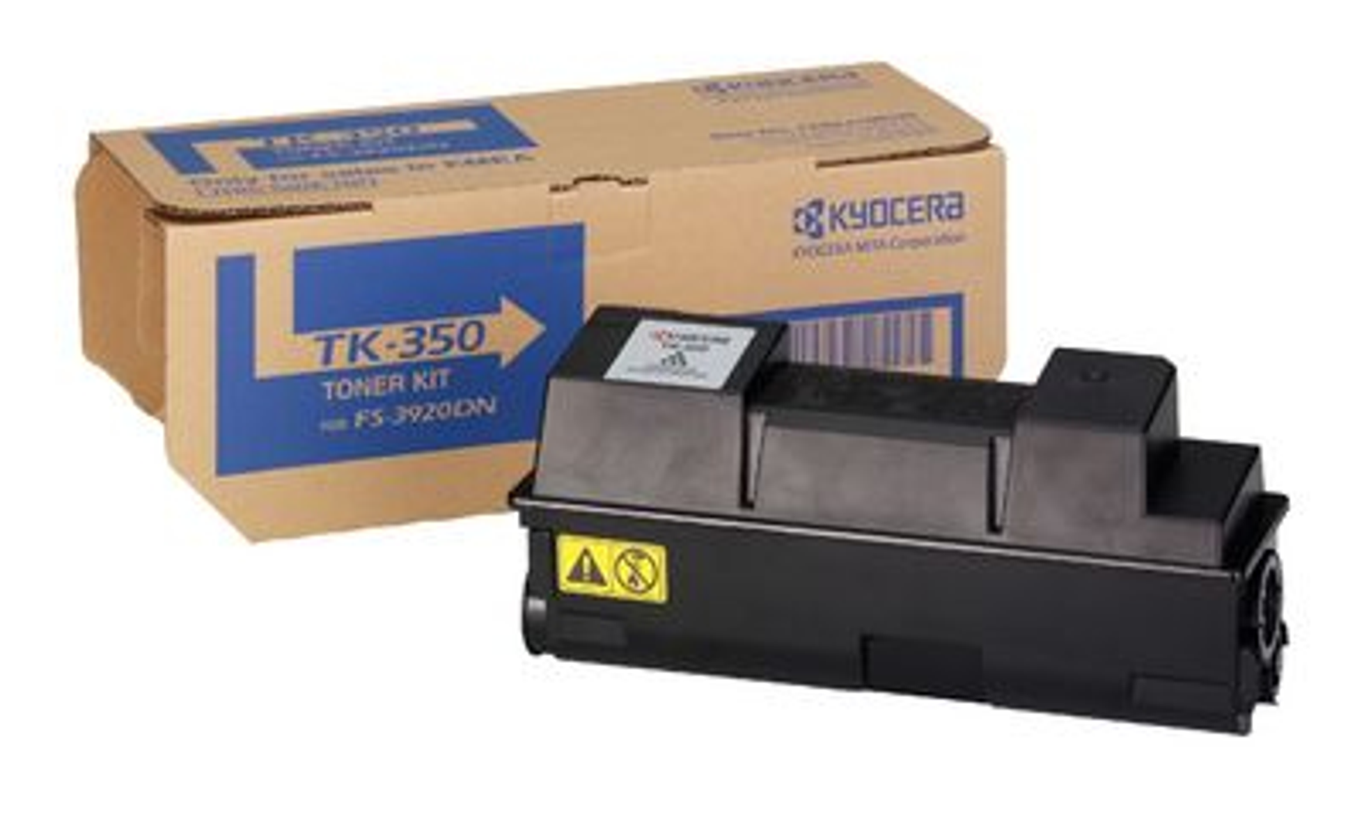 Una cartuccia toner nera in una scatola con l'etichetta 'TK-350 TONER KIT'. Lo sfondo è bianco.