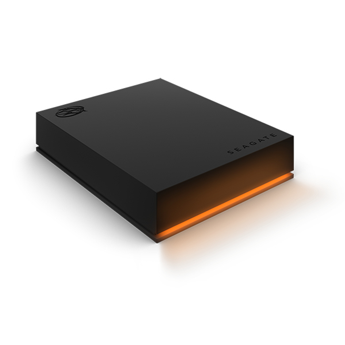 Hard disk esterno Seagate nero con luce arancione alla base, isolato.