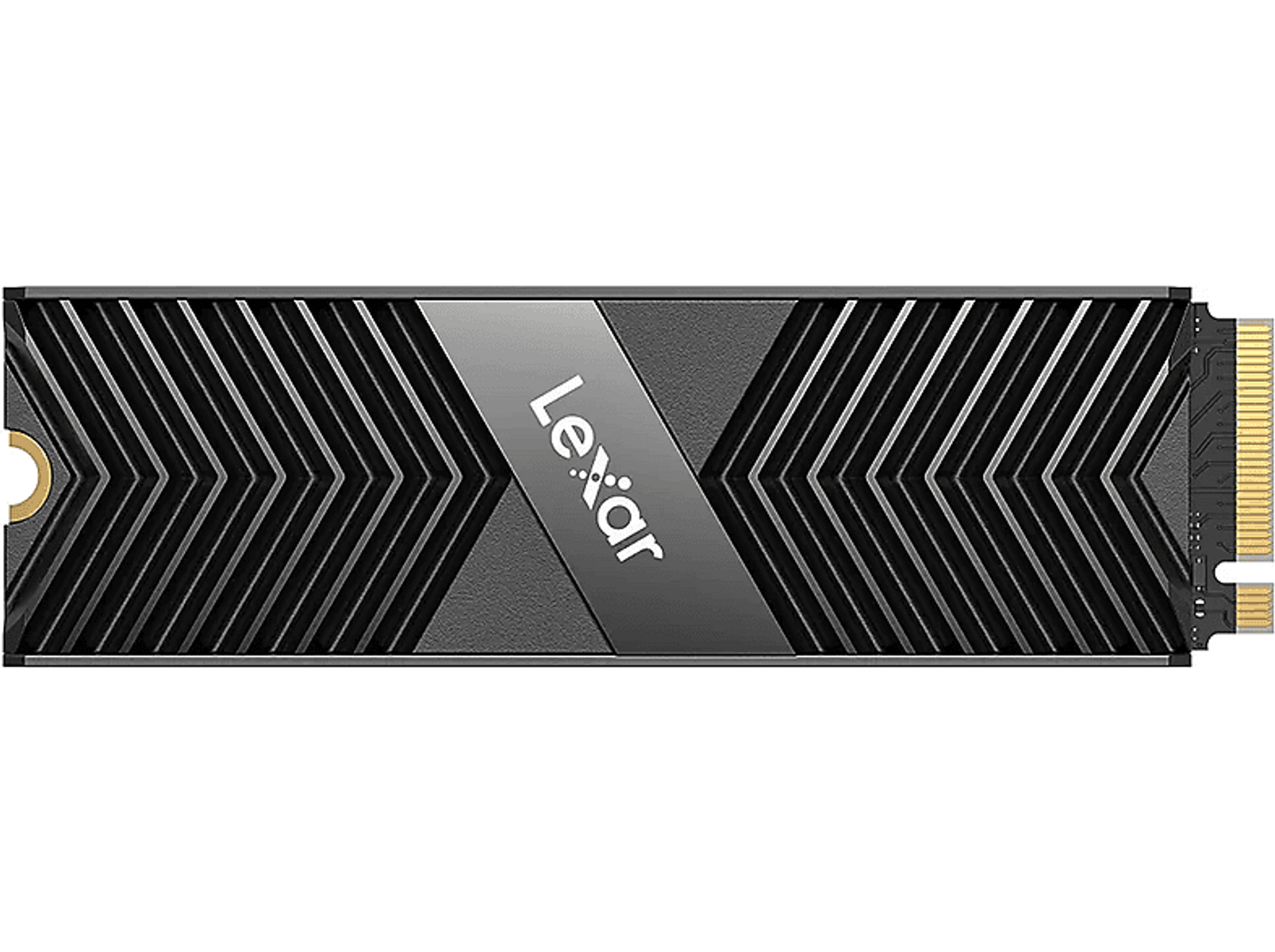 Czarny dysk SSD Lexar, ze srebrnym logo, czarnymi i szarymi wzorami, na czarnym tle.