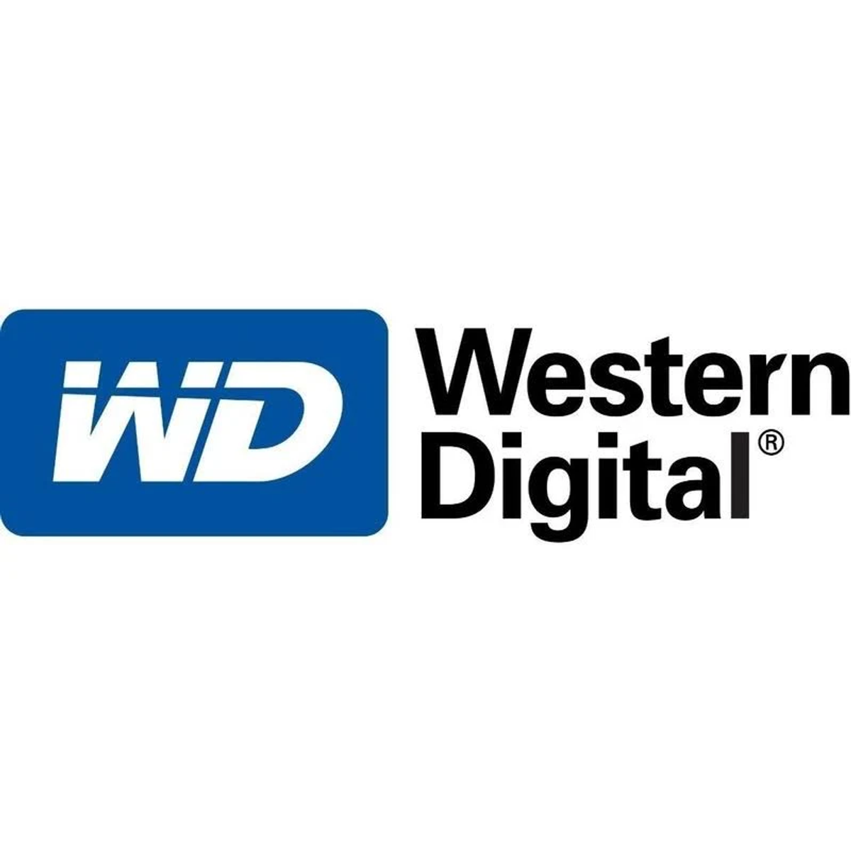 Logo Western Digital w kolorze białym na niebieskim tle, ze słowami Western Digital.