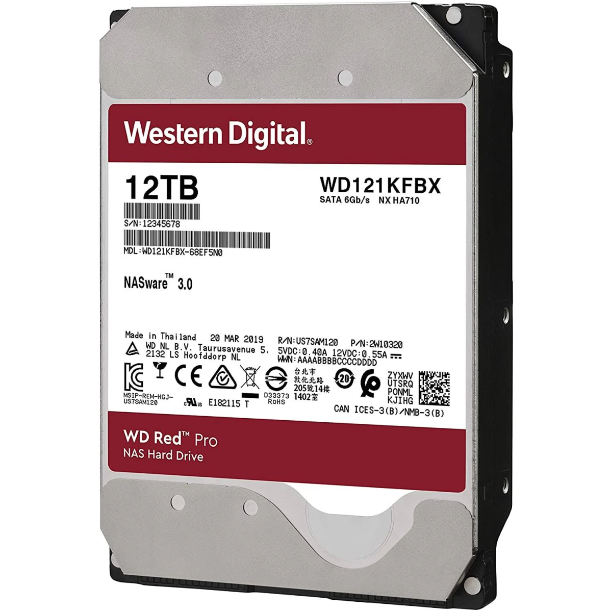 Eine rot-weiße 12 TB Western Digital Festplatte mit Produktdetails. Der Text ist auf Englisch.