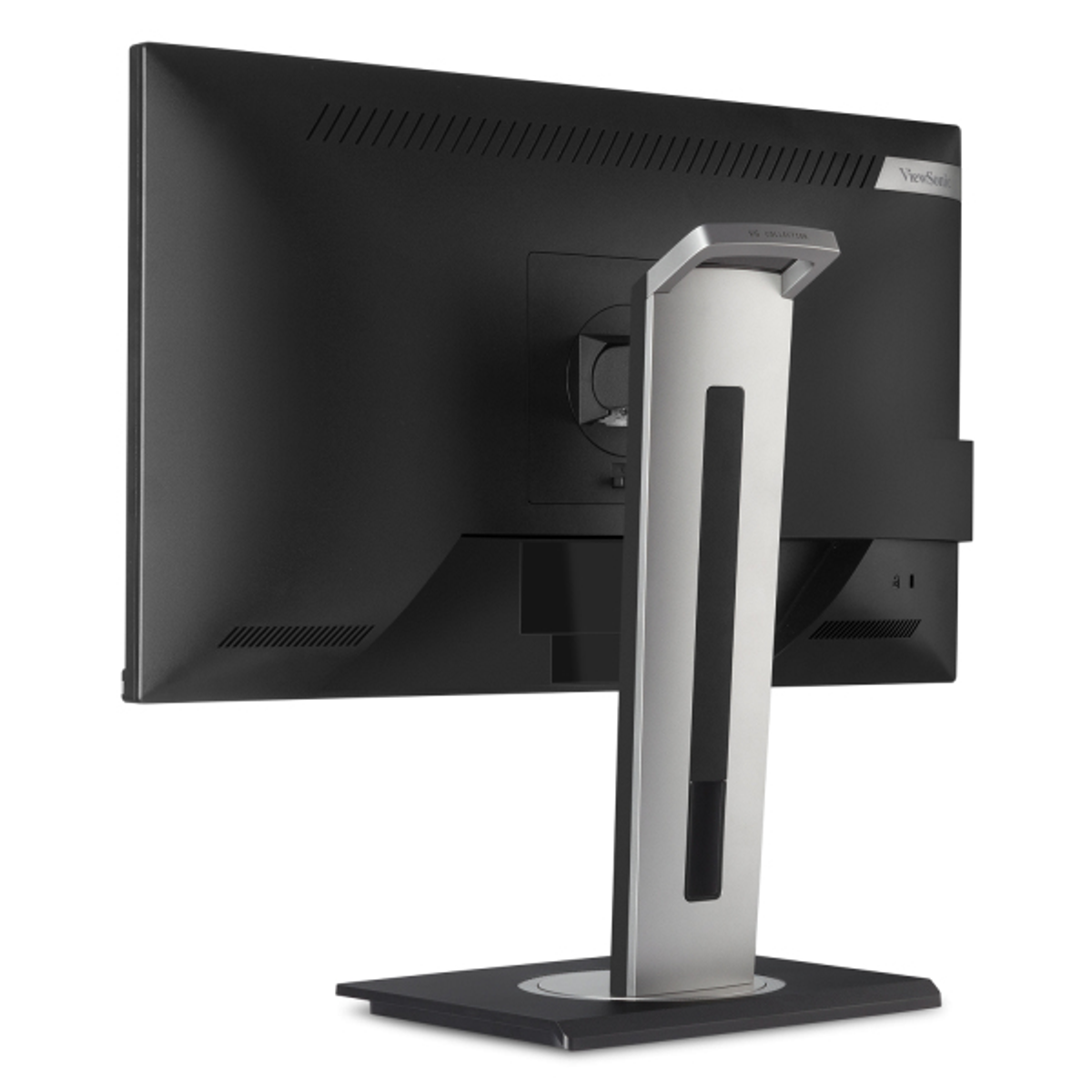 Tył monitora. Czarny ekran ze srebrną podstawą. Widoczne logo ViewSonic.