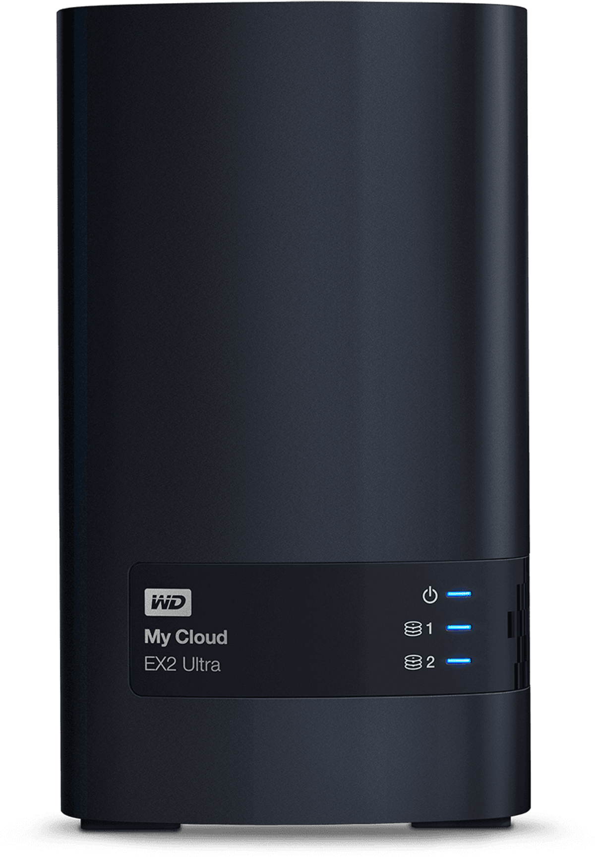 Ein schwarzes Gerät mit blauen Lichtern auf der Vorderseite, mit dem Label 'WD My Cloud EX2 Ultra'.