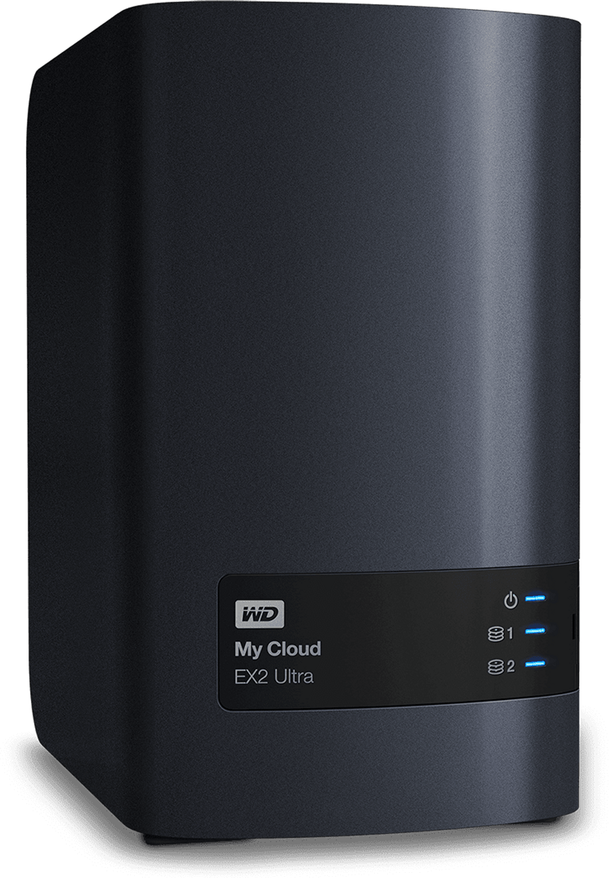 Ein schwarzes Gerät mit blauen Lichtern auf der Vorderseite, mit dem Label 'WD My Cloud EX2 Ultra'.