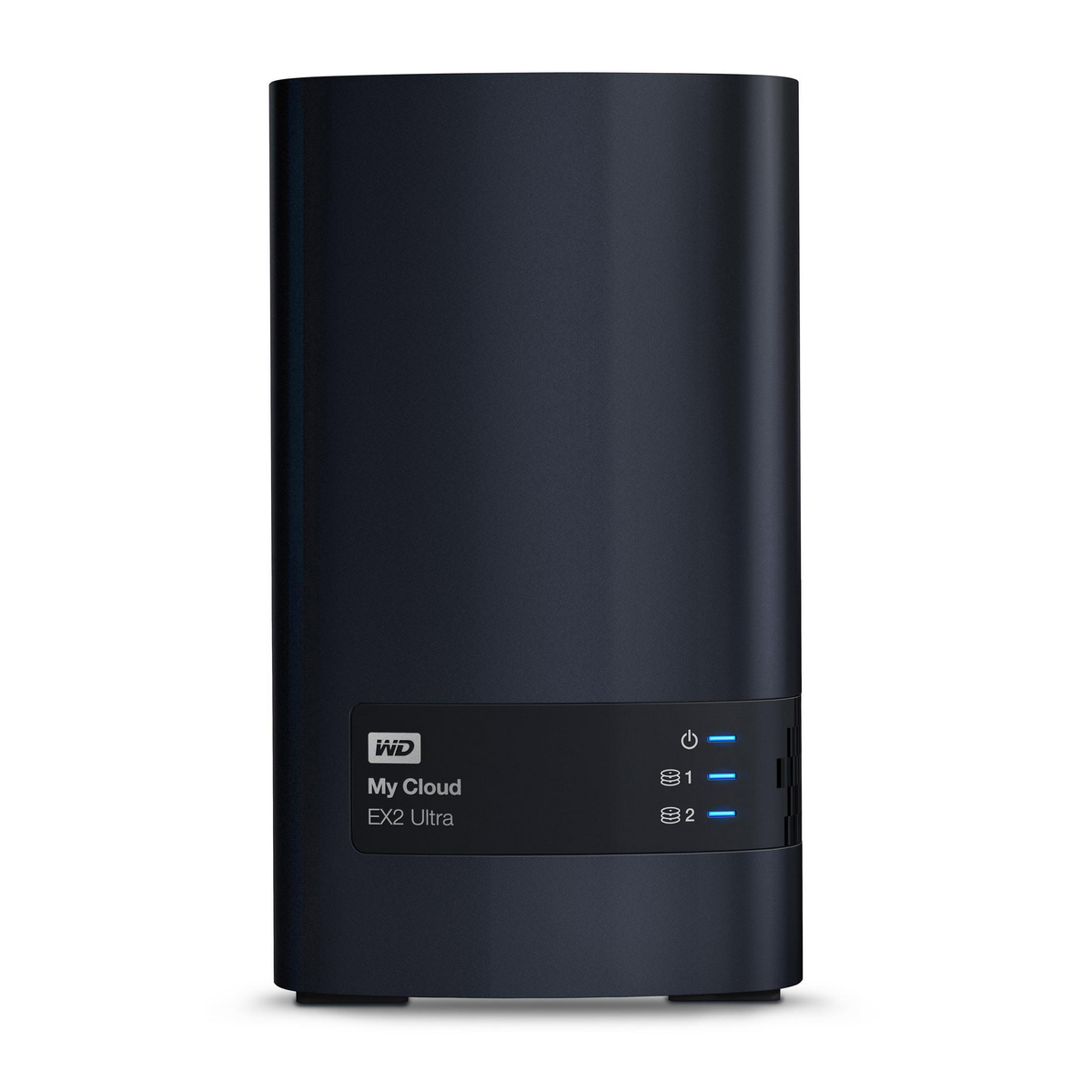 Ein schwarzes Gerät mit blauen Lichtern auf der Vorderseite, mit dem Label 'WD My Cloud EX2 Ultra'.
