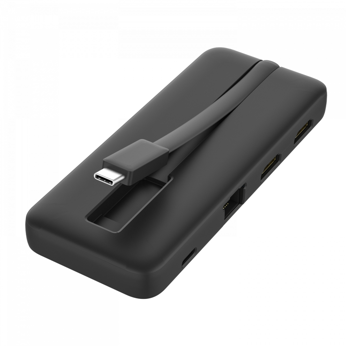 Adattatore multiporta nero con cavo USB-C e varie porte su sfondo bianco.