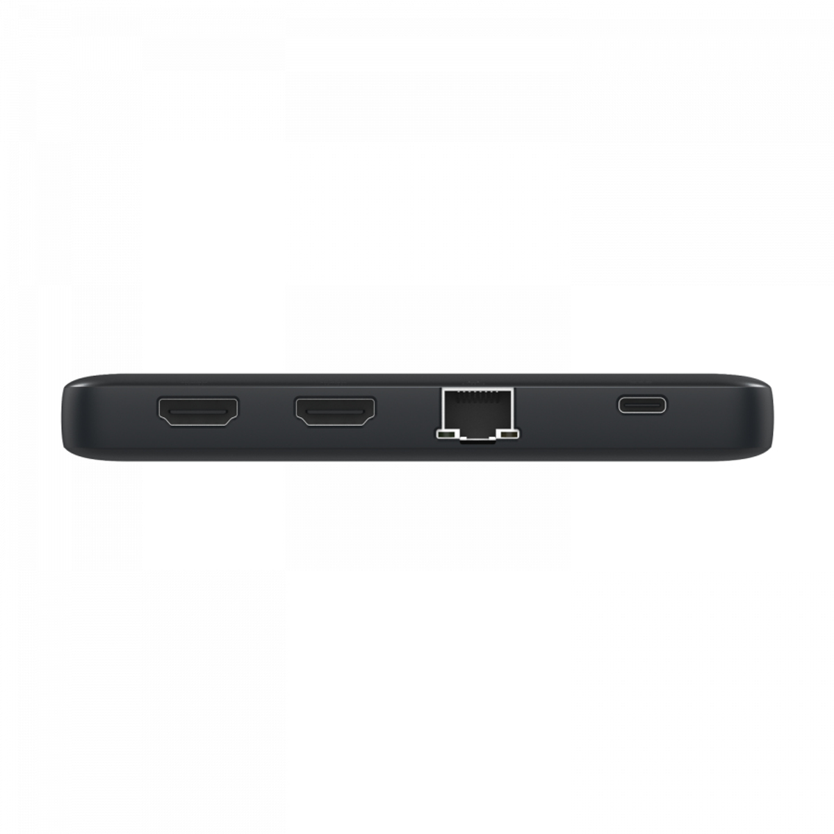Dispositivo nero con varie porte: due HDMI, una porta di rete e USB-C. Lo sfondo è bianco brillante e vuoto.