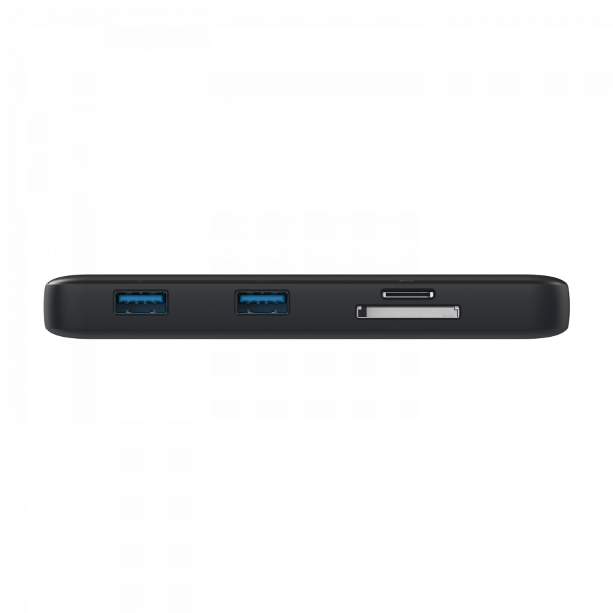 Hub USB nero con più porte USB e uno slot per schede SD.