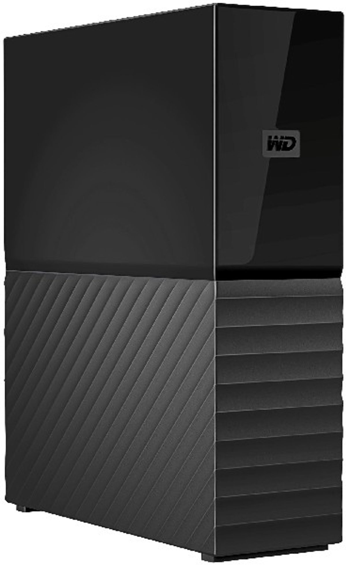 Zewnętrzny dysk twardy WD, czarny, z teksturowaną dolną częścią. Białe tło, wyraźny widok.