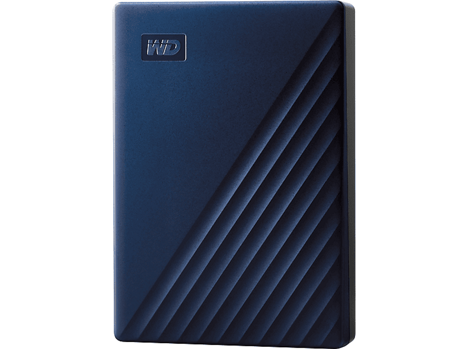Granatowy zewnętrzny dysk twardy z teksturowaną powierzchnią i logo WD.