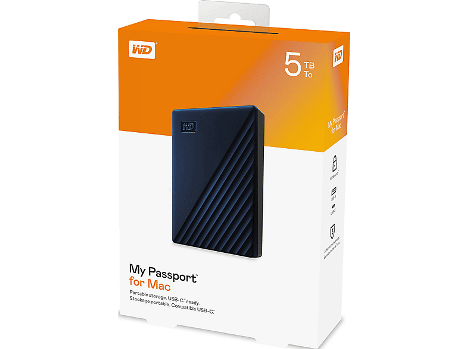 Niebieski dysk My Passport for Mac 5TB w białym i pomarańczowym pudełku.