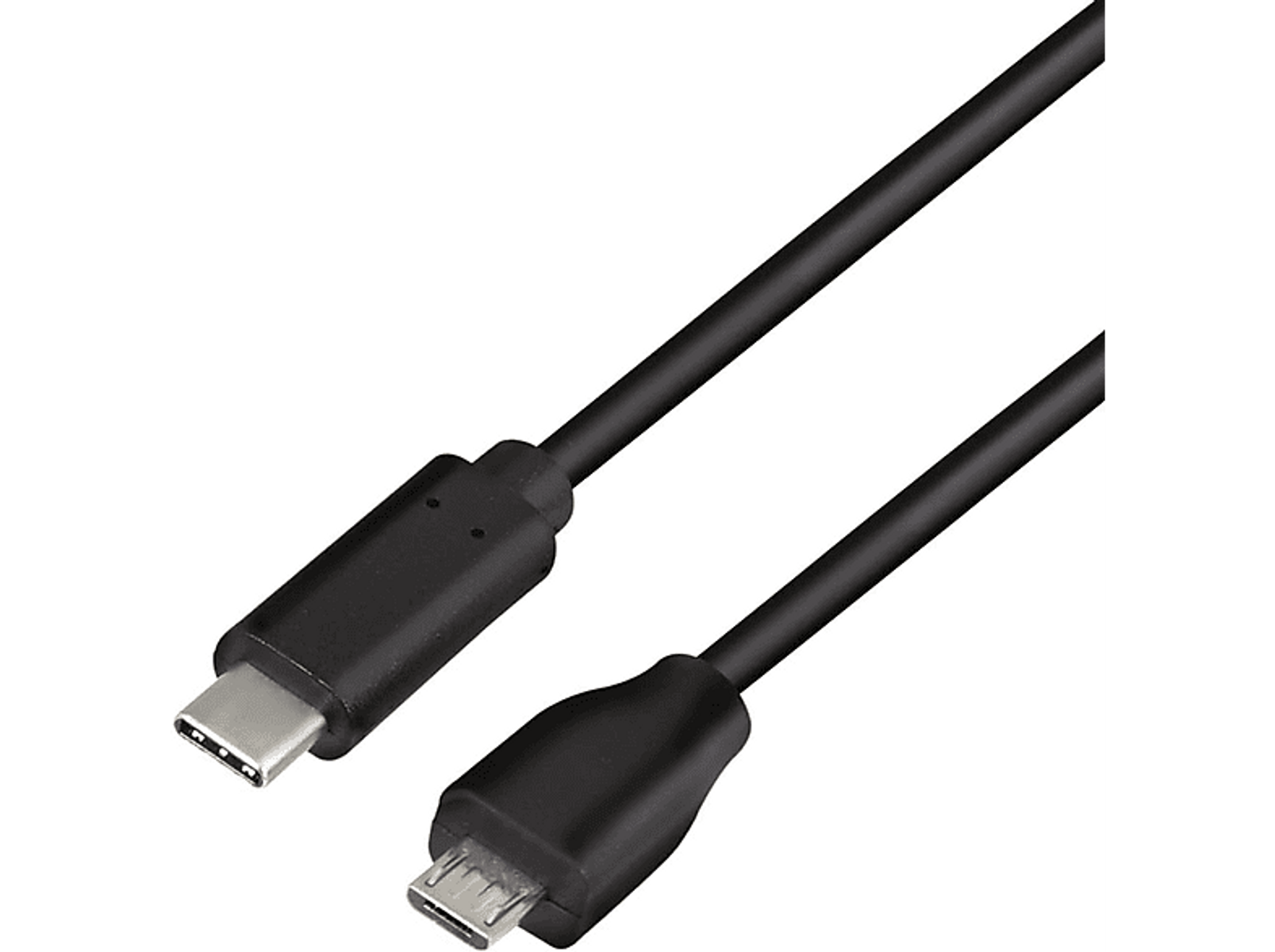 Ein schwarzes USB-C-zu-Micro-USB-Kabel. Die Anschlüsse befinden sich an jedem Ende.