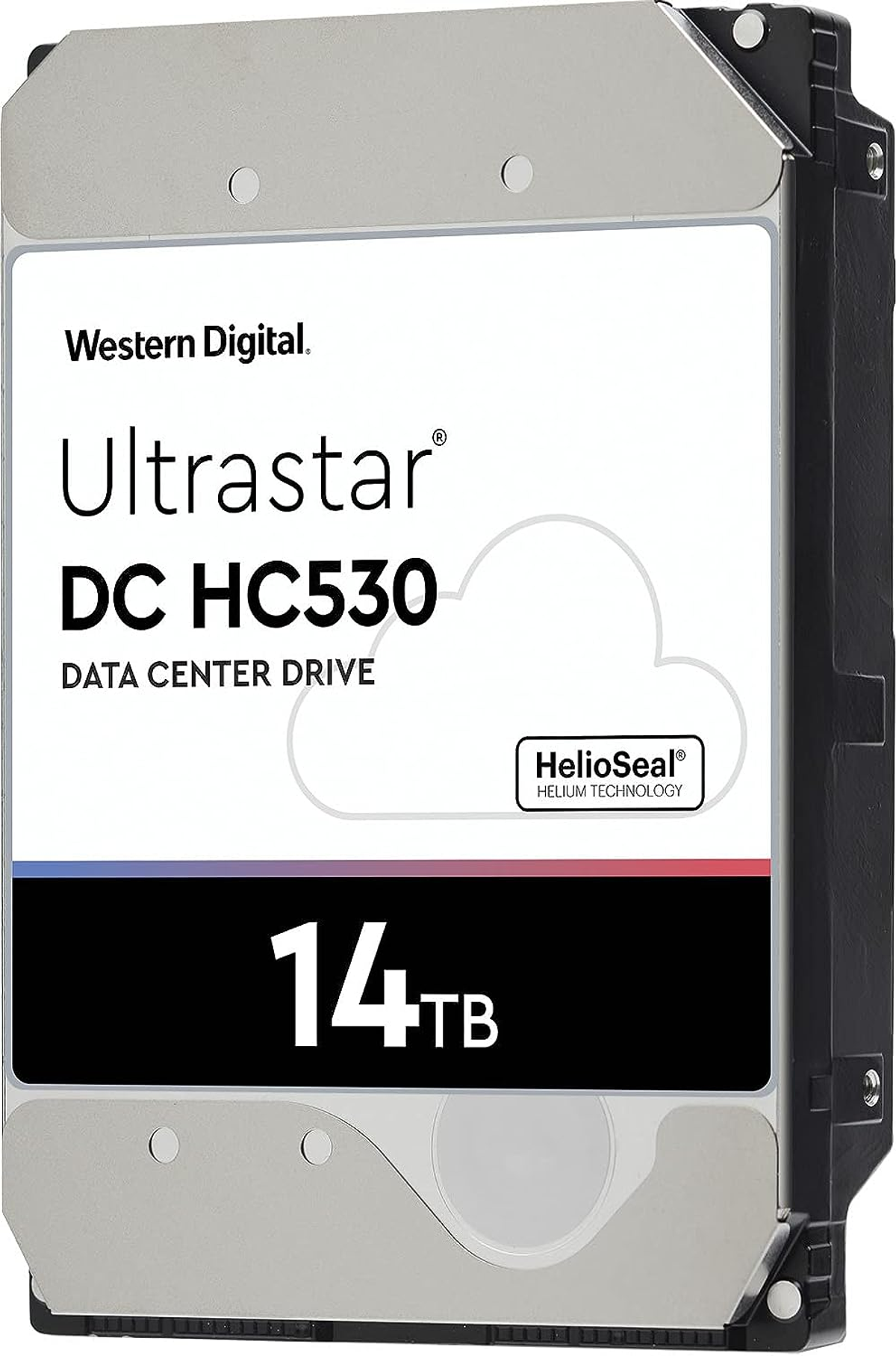 Hard disk argento con etichetta 'Ultrastar'. Il testo in grassetto recita '14 TB'. Etichetta bianca e blu con grafica a nuvola.