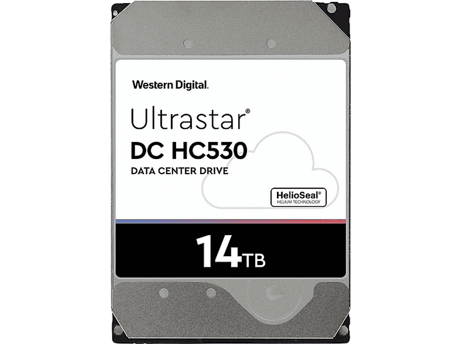 Etichetta del disco rigido Western Digital. Sfondo nero. Testo bianco sull'etichetta. Capacità 14 TB.