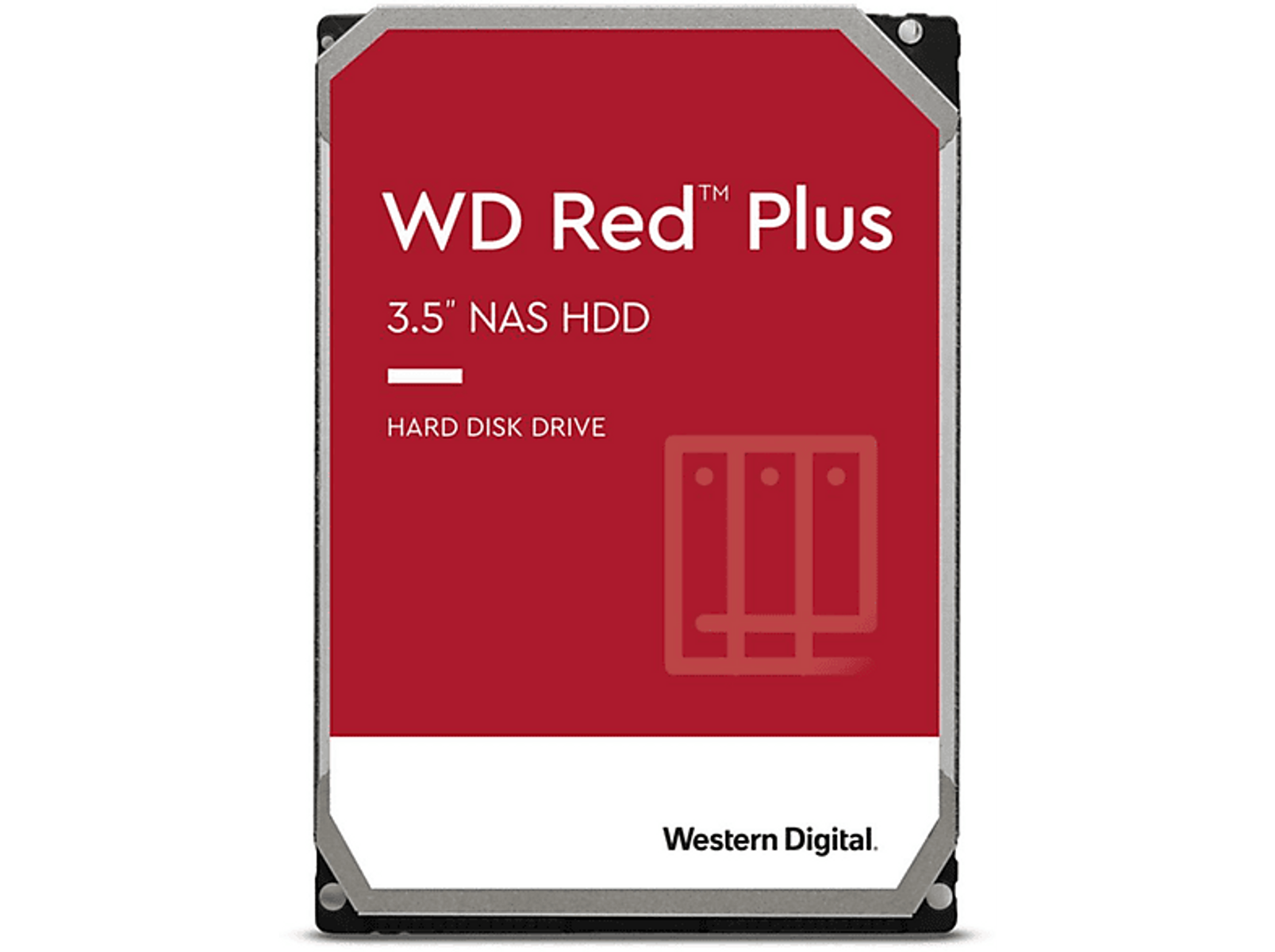 WD Red Plus 3,5" NAS HDD, eine rote Festplatte mit weißem Hintergrund und Logo.