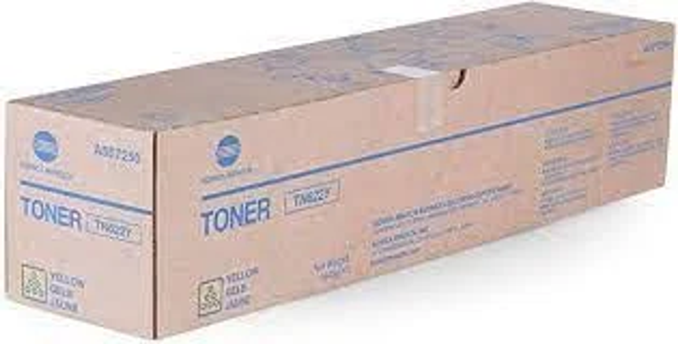Una lunga scatola di toner con una striscia blu. C'è scritto "Toner" e "Giallo". Sfondo bianco.