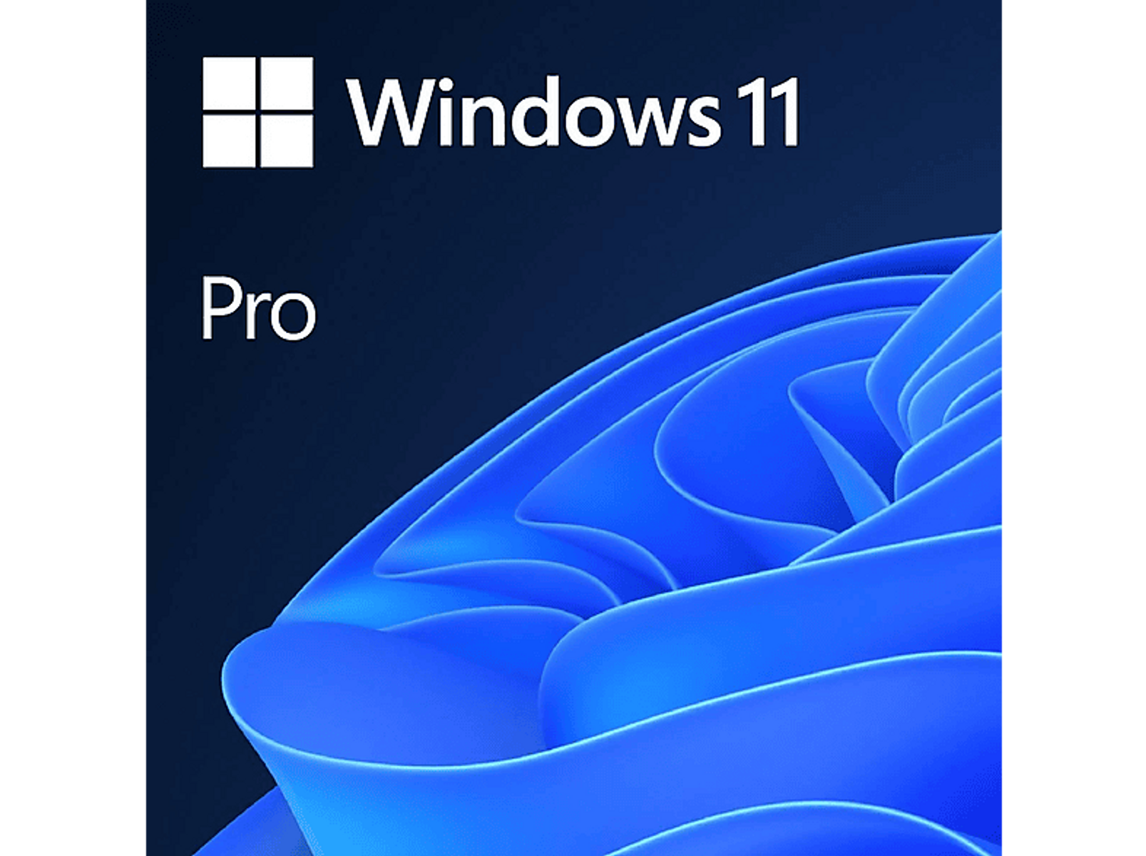 Pudełko Windows 11 Pro na ciemnoniebieskim tle z logo Windows i niebieskimi falami.