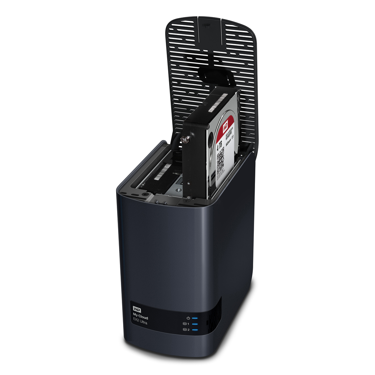 Die Rückseite eines schwarzen Geräts mit Anschlüssen, darunter USB und Ethernet, mit Etiketten.