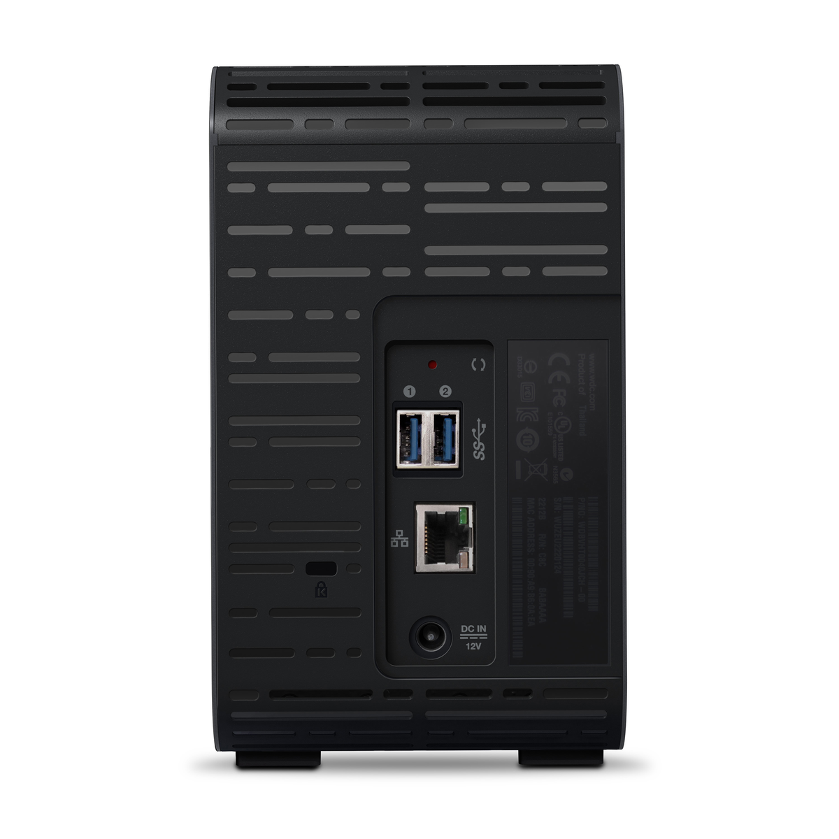 Ein schwarzes Gerät mit blauen Lichtern auf der Vorderseite, mit dem Label 'WD My Cloud EX2 Ultra'.