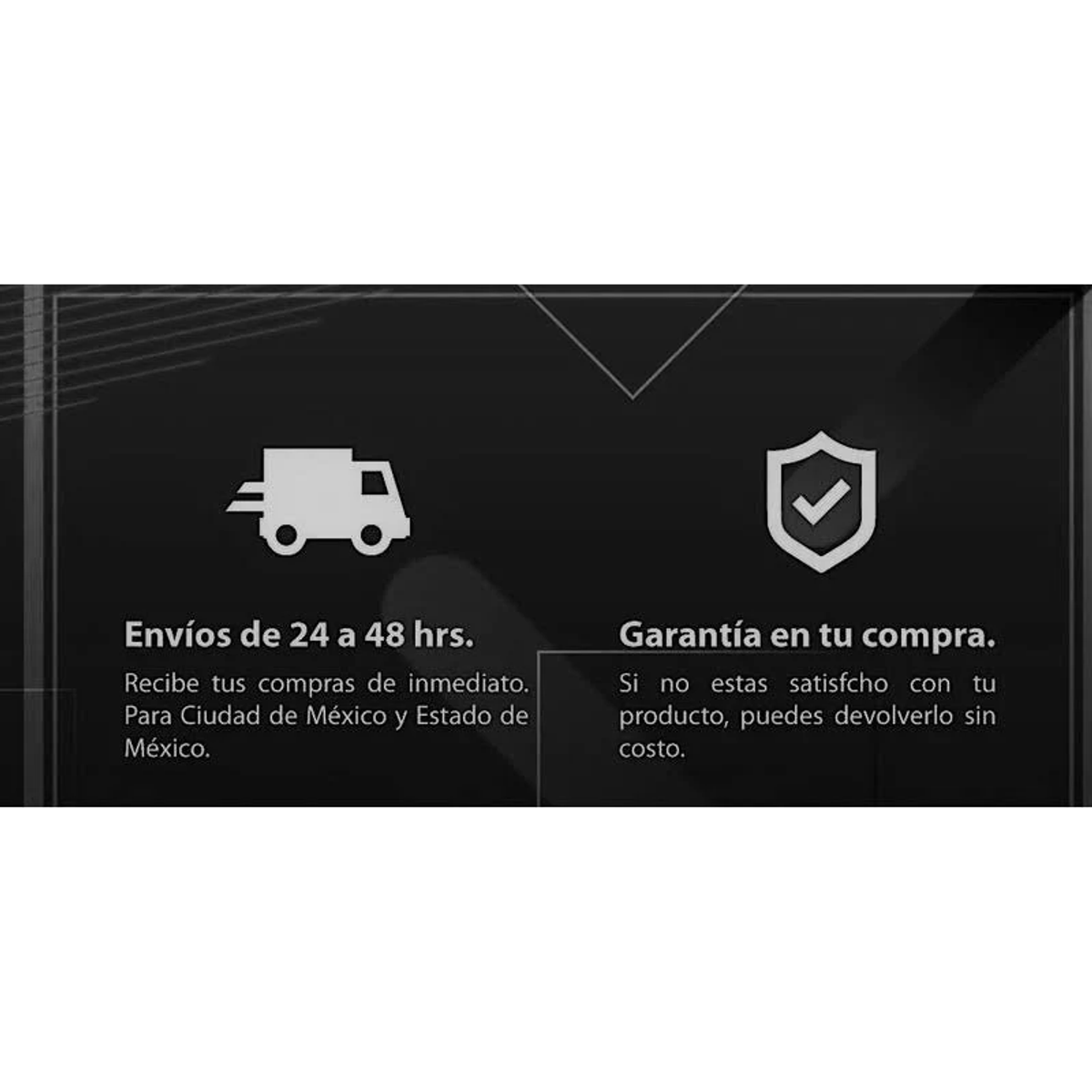 Grafika z tekstami o wysyłce i gwarancji w języku hiszpańskim, z ikonami ciężarówki i znaku wyboru.