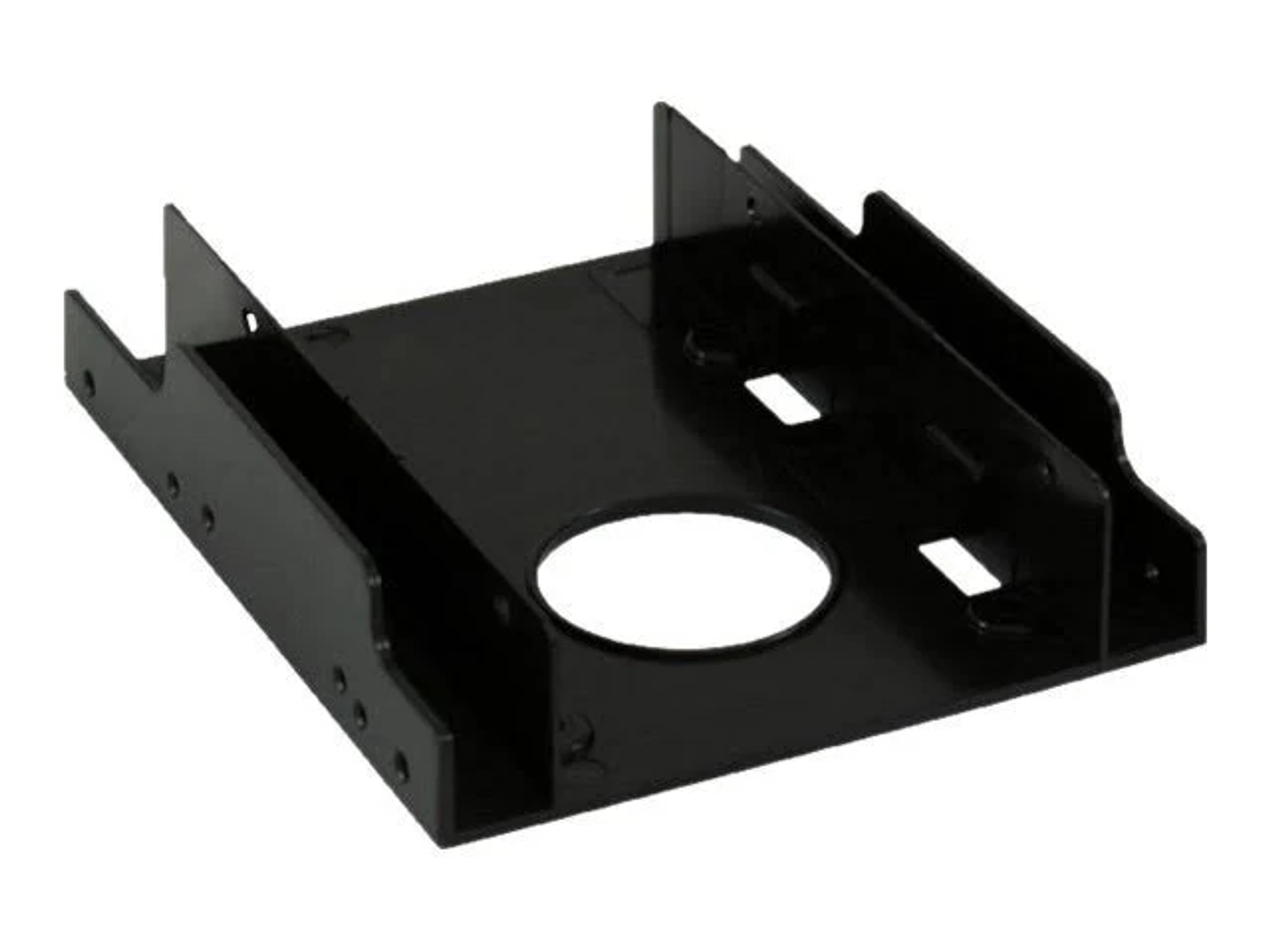 Eine schwarze Metall-Computerkomponente mit einem kreisförmigen Loch. Es hat Schlitze und befindet sich auf weißem Hintergrund.