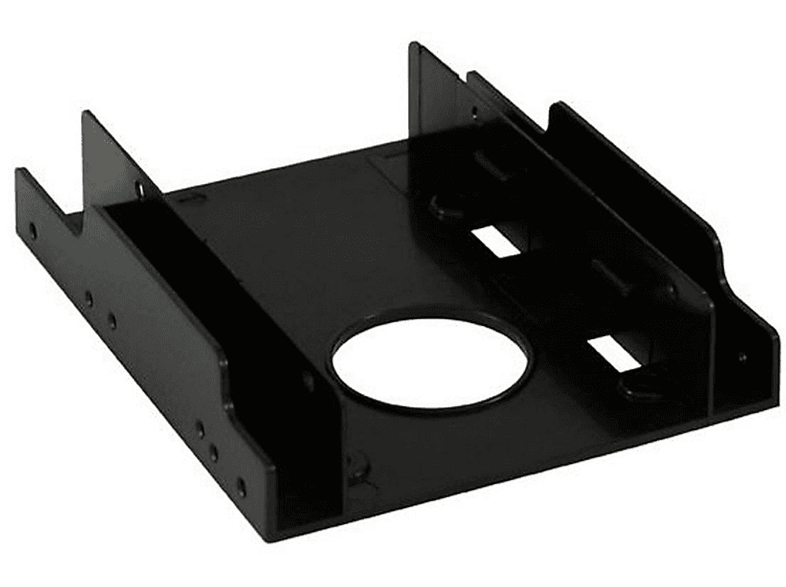 Schwarze Metall-Festplattenhalterung mit kreisförmiger Öffnung, auf weißem Grund.