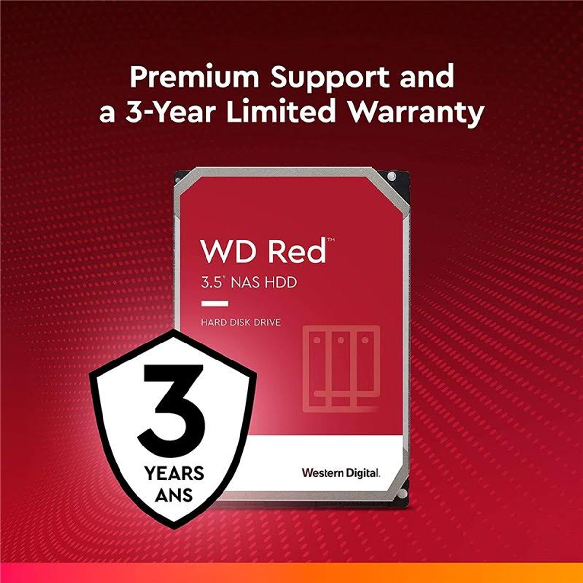 WD Red NAS HDD, rosso con testo bianco e un distintivo di garanzia di 3 anni. Su sfondo sfumato rosso.