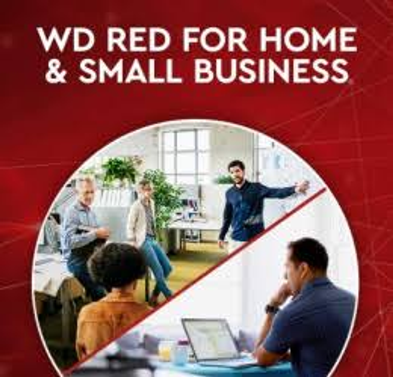 Immagine che promuove WD Red per la casa e le piccole imprese. Un gruppo di persone è in riunione e davanti a un laptop.