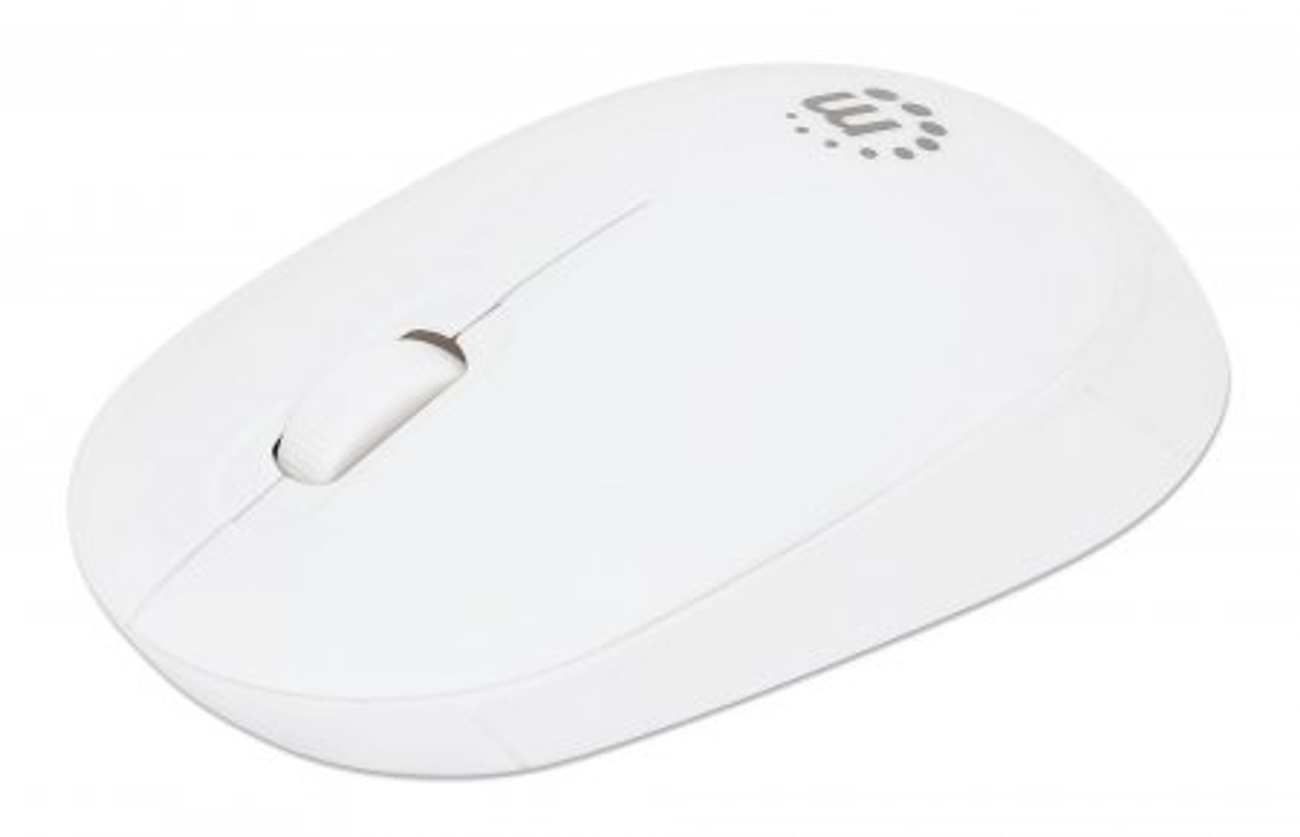 Un mouse per computer bianco. Ha una rotella di scorrimento e un design semplice. La superficie è bianca.