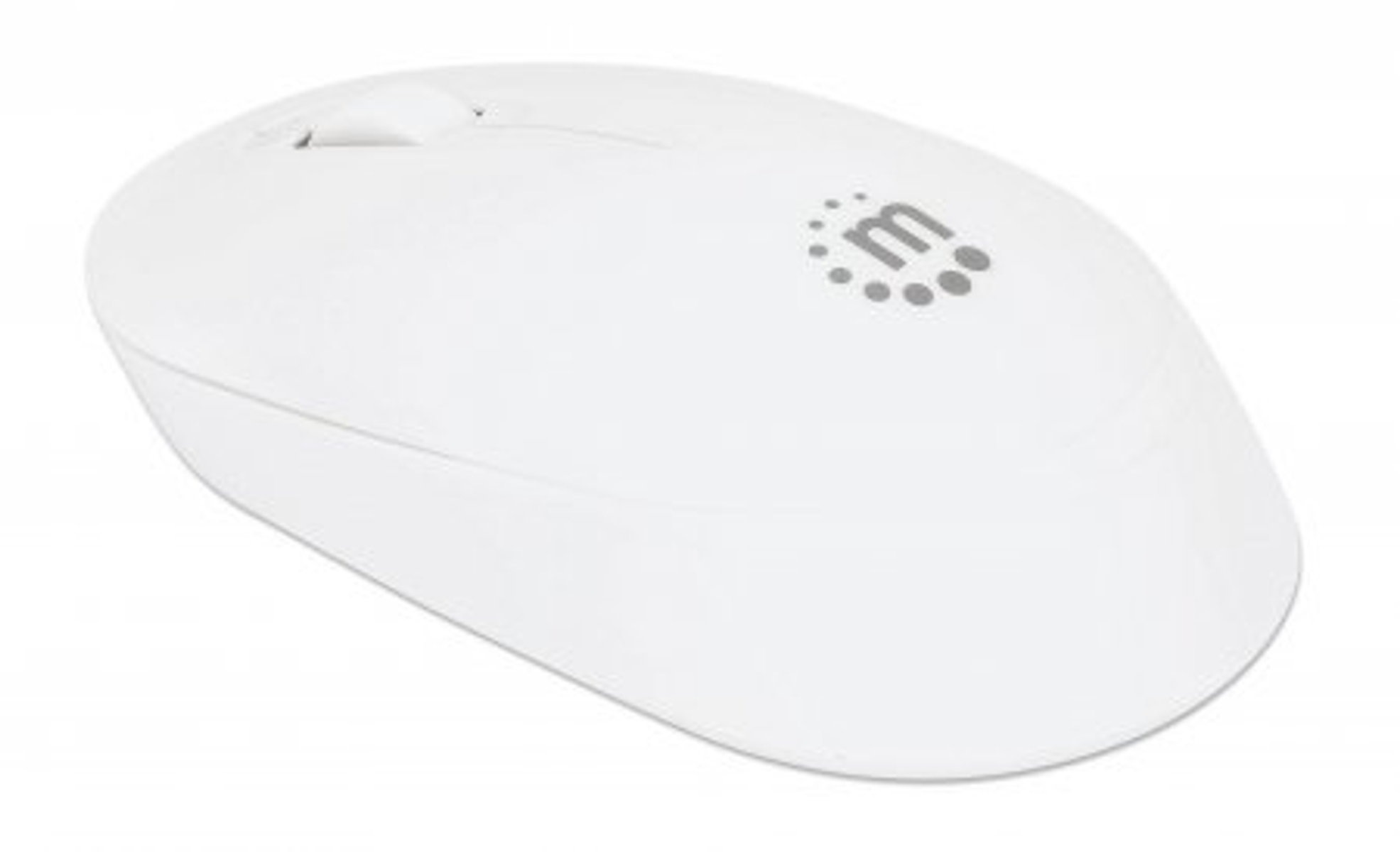 Mouse per computer bianco con rotella e logo, isolato su sfondo bianco.