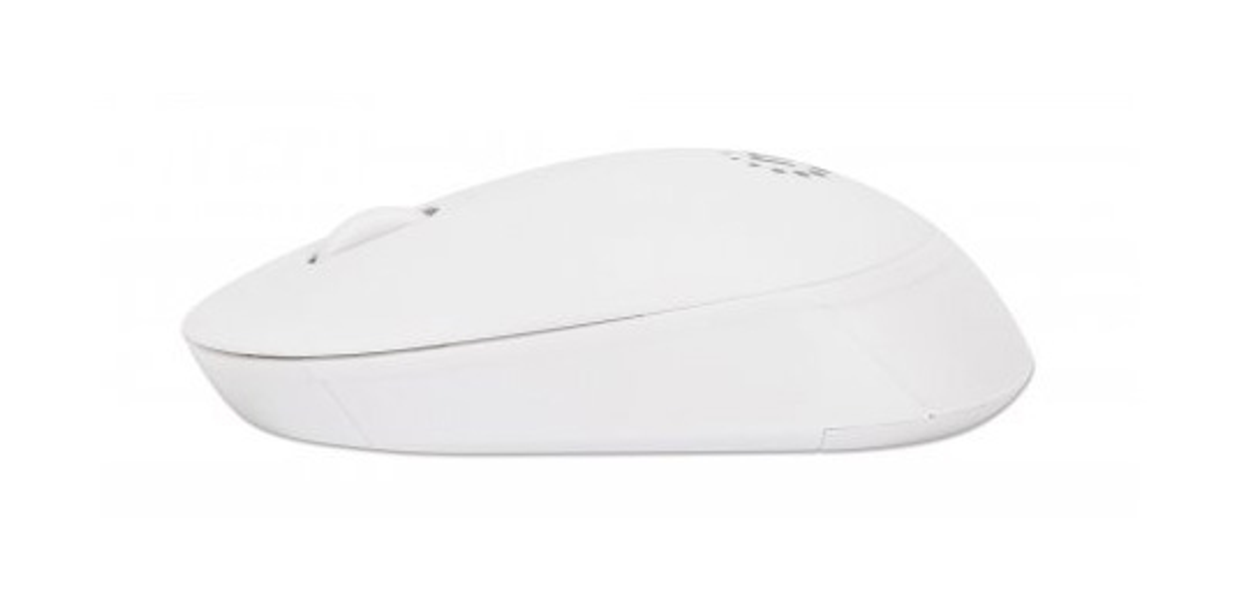 Una vista laterale di un mouse wireless bianco con una rotella di scorrimento e un design curvo.