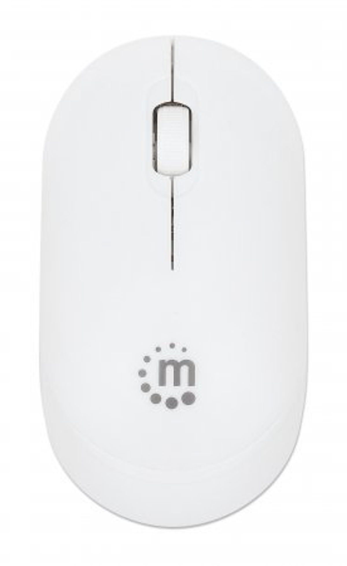 Mouse wireless bianco con rotella e logo. Sfondo bianco.