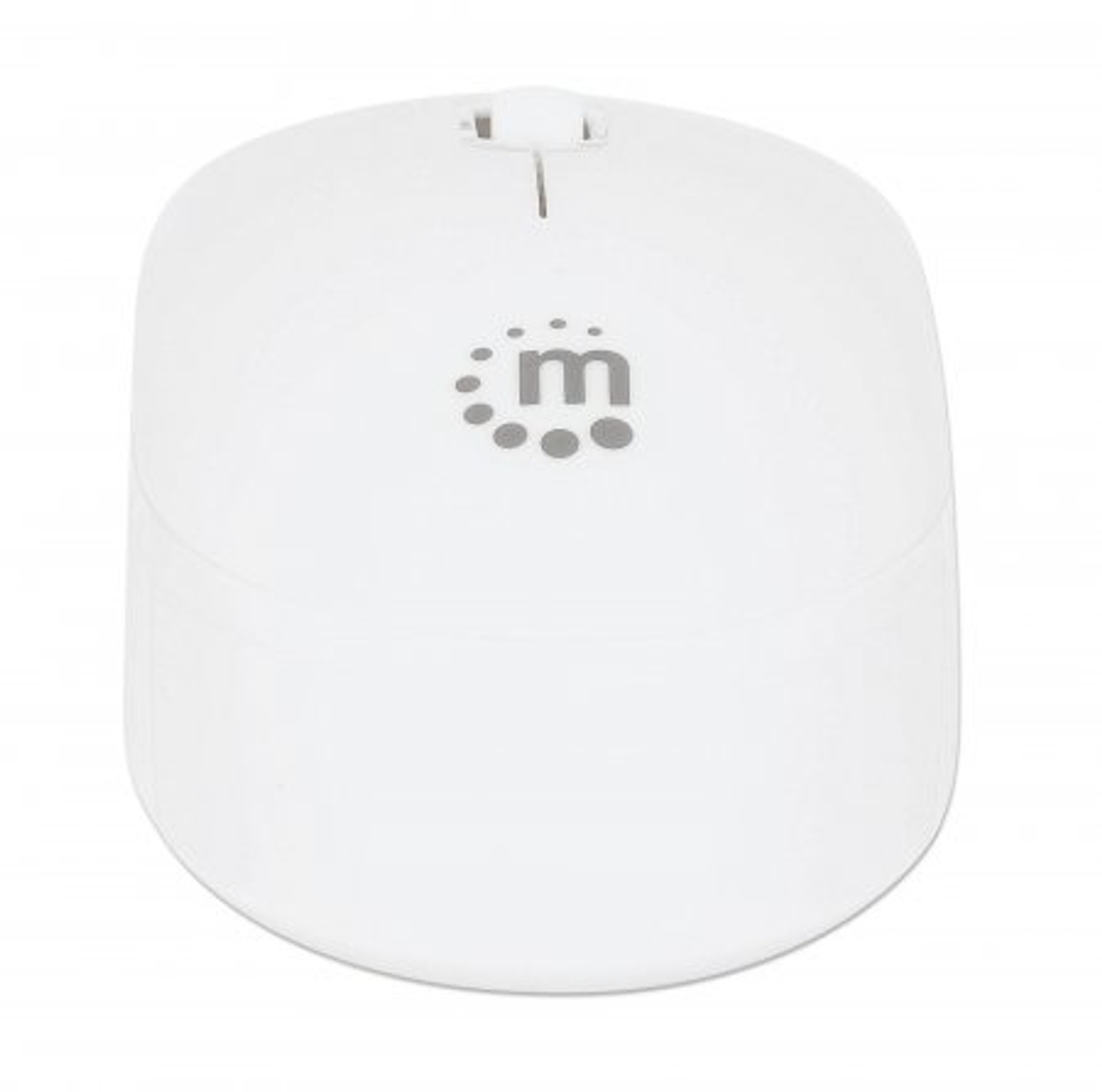 Mouse wireless bianco, vista dall'alto, con un logo, su sfondo bianco.