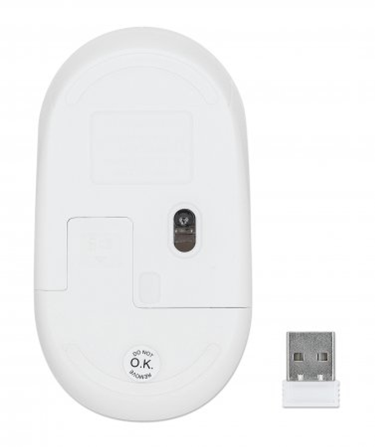 Un mouse per computer bianco con un ricevitore USB. Il fondo ha un adesivo O.K. Il mouse è wireless.