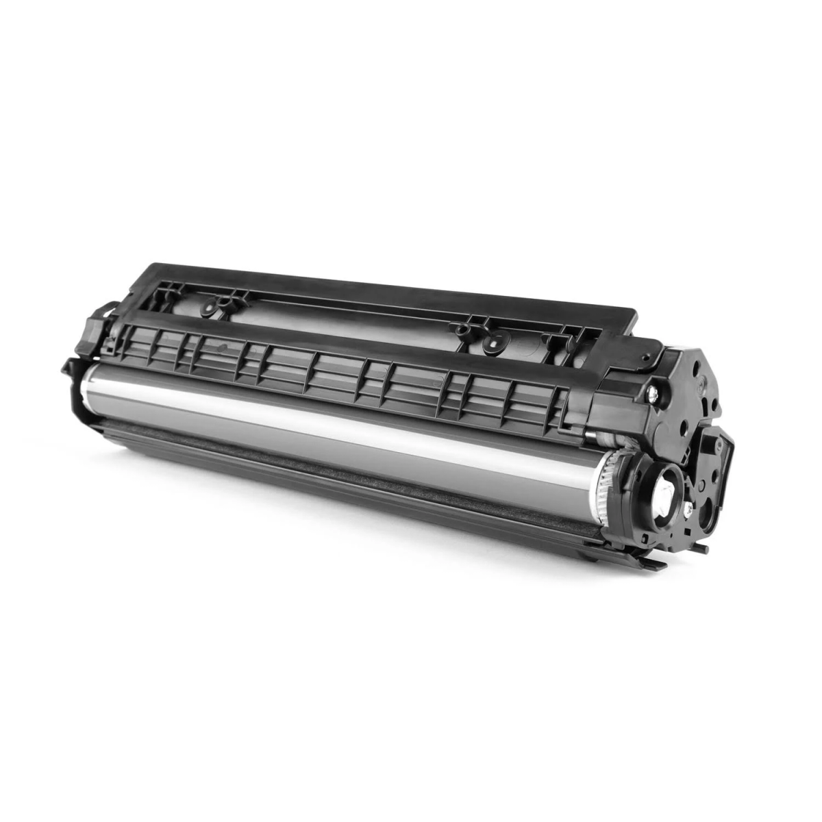 Cartouche de toner noire sur fond blanc. La cartouche a un rouleau argenté et plusieurs pièces.