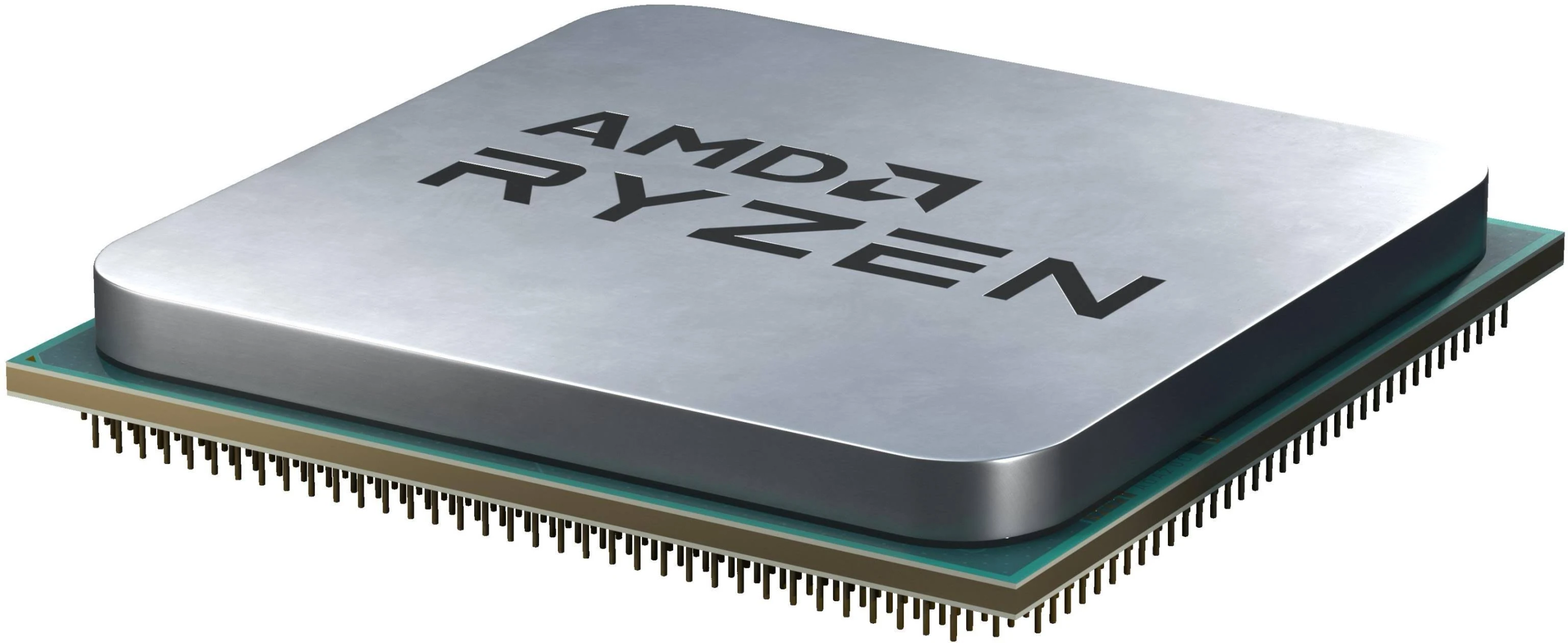 Procesor AMD Ryzen. Srebrna metalowa góra z czarnym tekstem na zielono-czarnej podstawie. Białe tło.