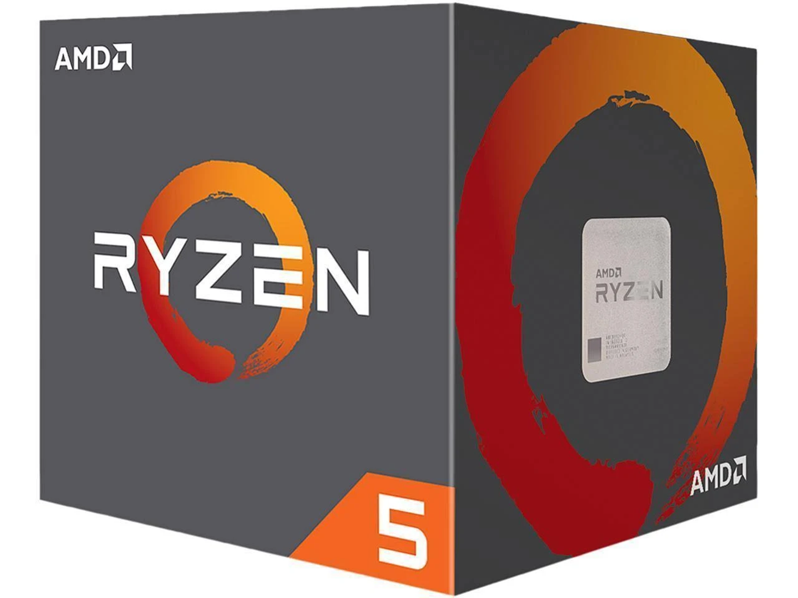 Pudełko z logo Ryzen 5 i marką AMD, kolory pomarańczowy i szary.