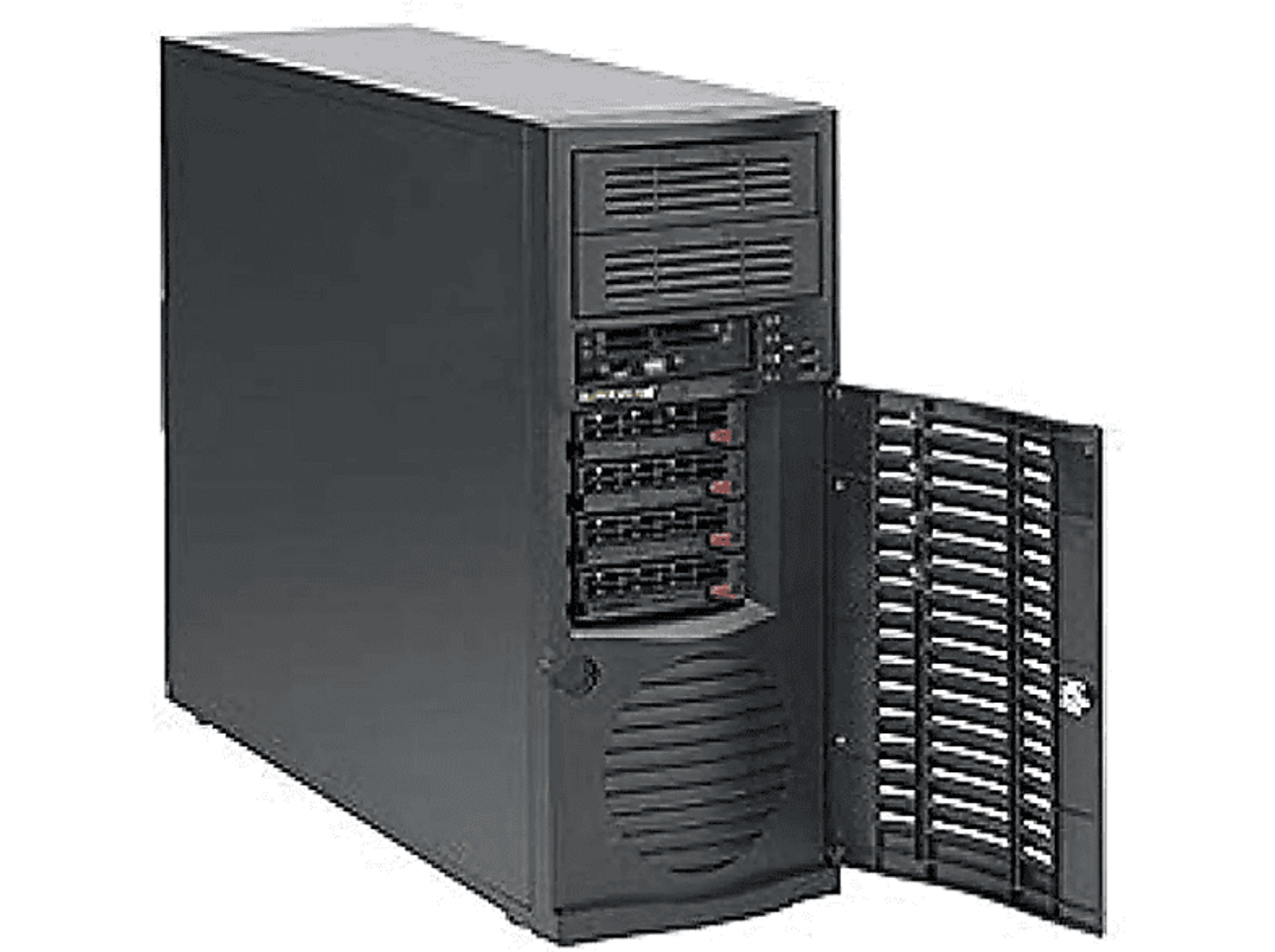 Czarna wieża serwerowa z otwartymi drzwiami odsłaniającymi dyski wewnętrzne.