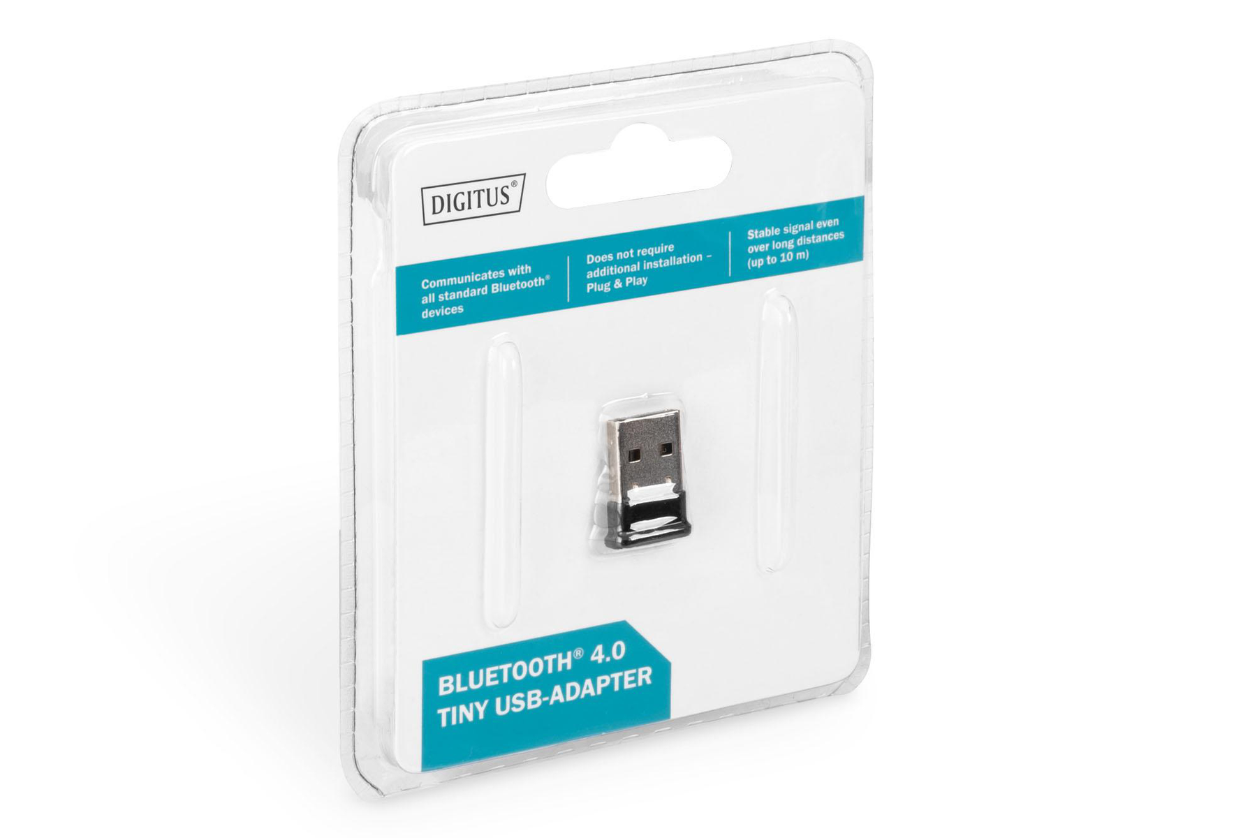 Winziger USB-Bluetooth 4.0-Adapter in einer durchsichtigen Kunststoffverpackung.