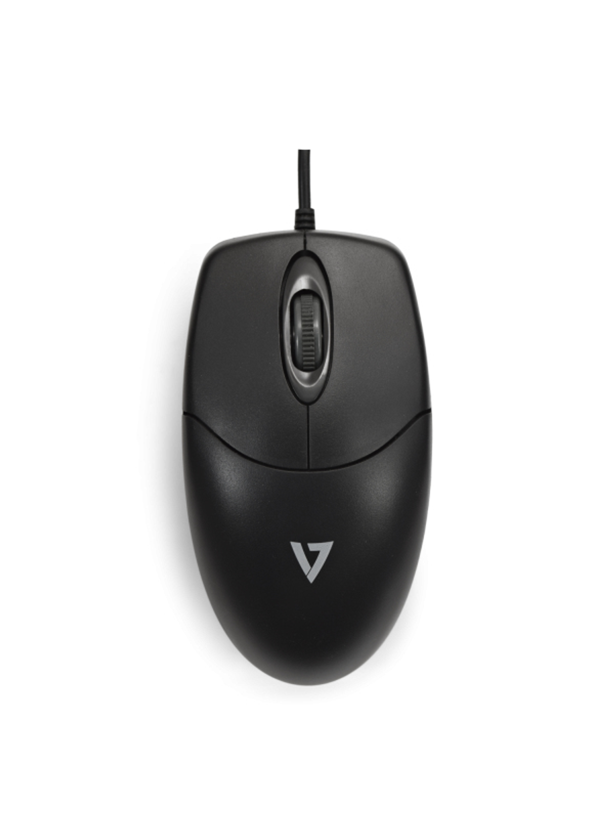 Mouse nero con rotella e logo su sfondo bianco.