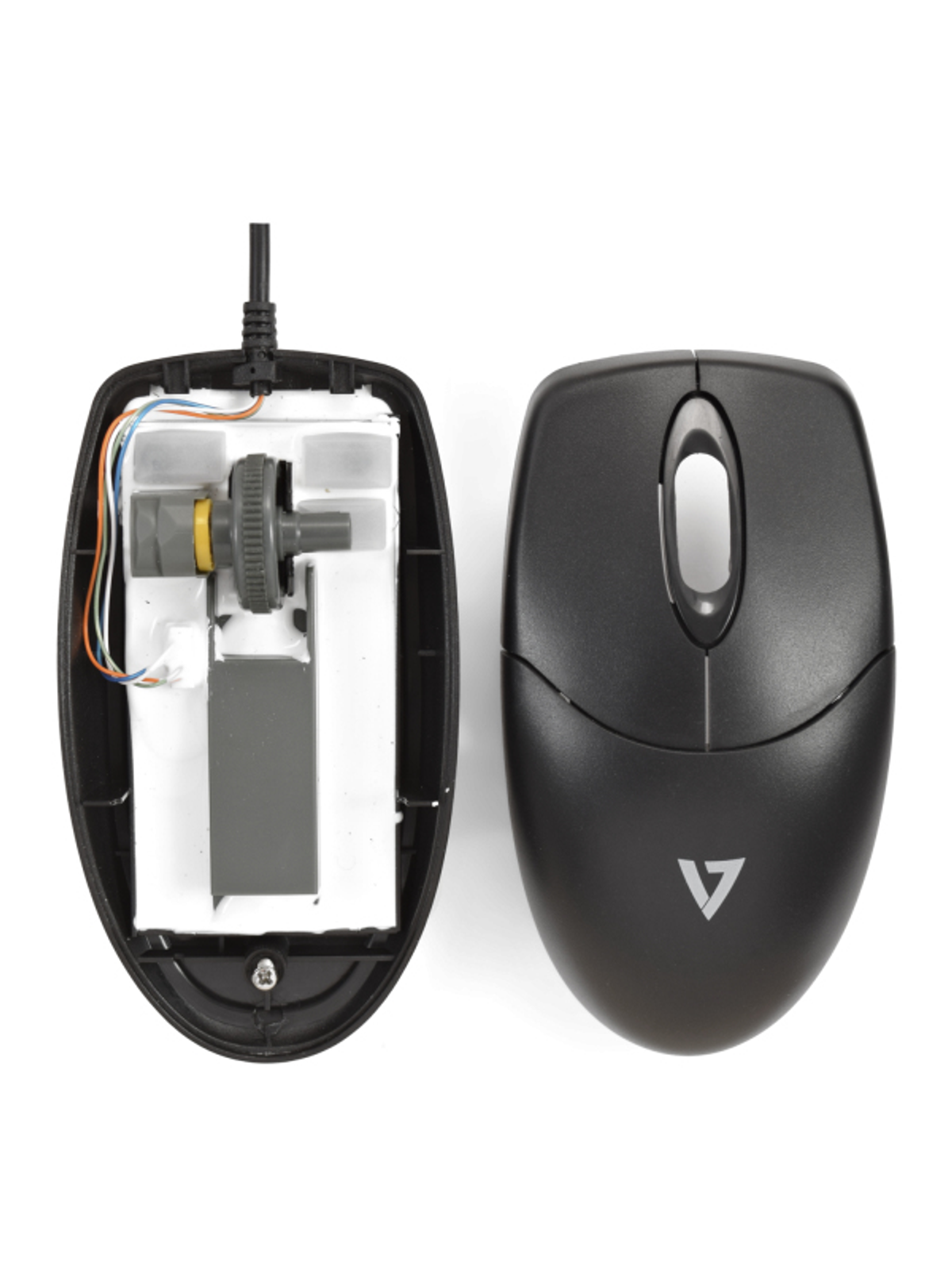 Mouse per computer, smontato per mostrare i componenti interni.