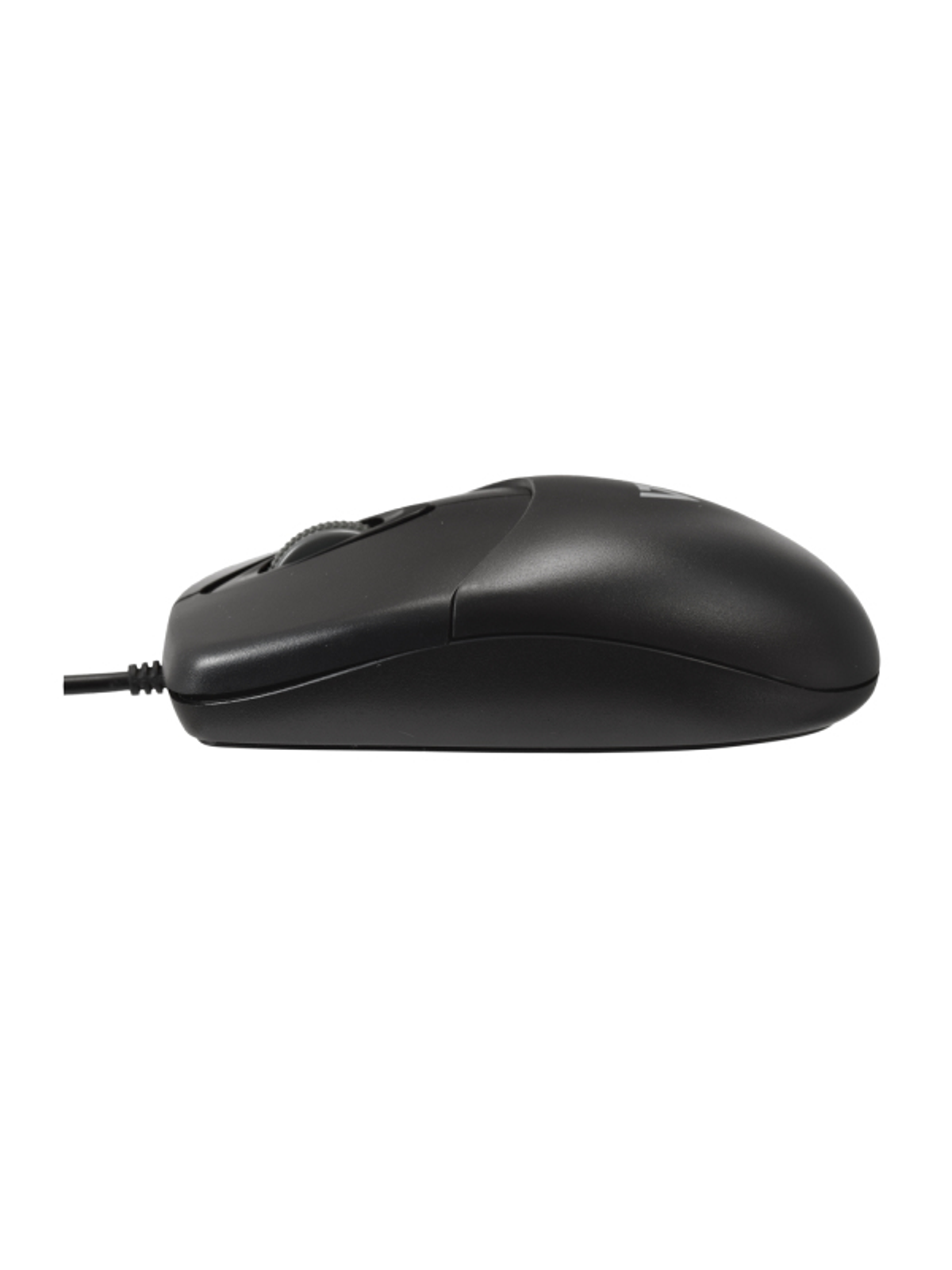 Mouse nero, vista laterale, su sfondo bianco. Cavo e rotella visibili.