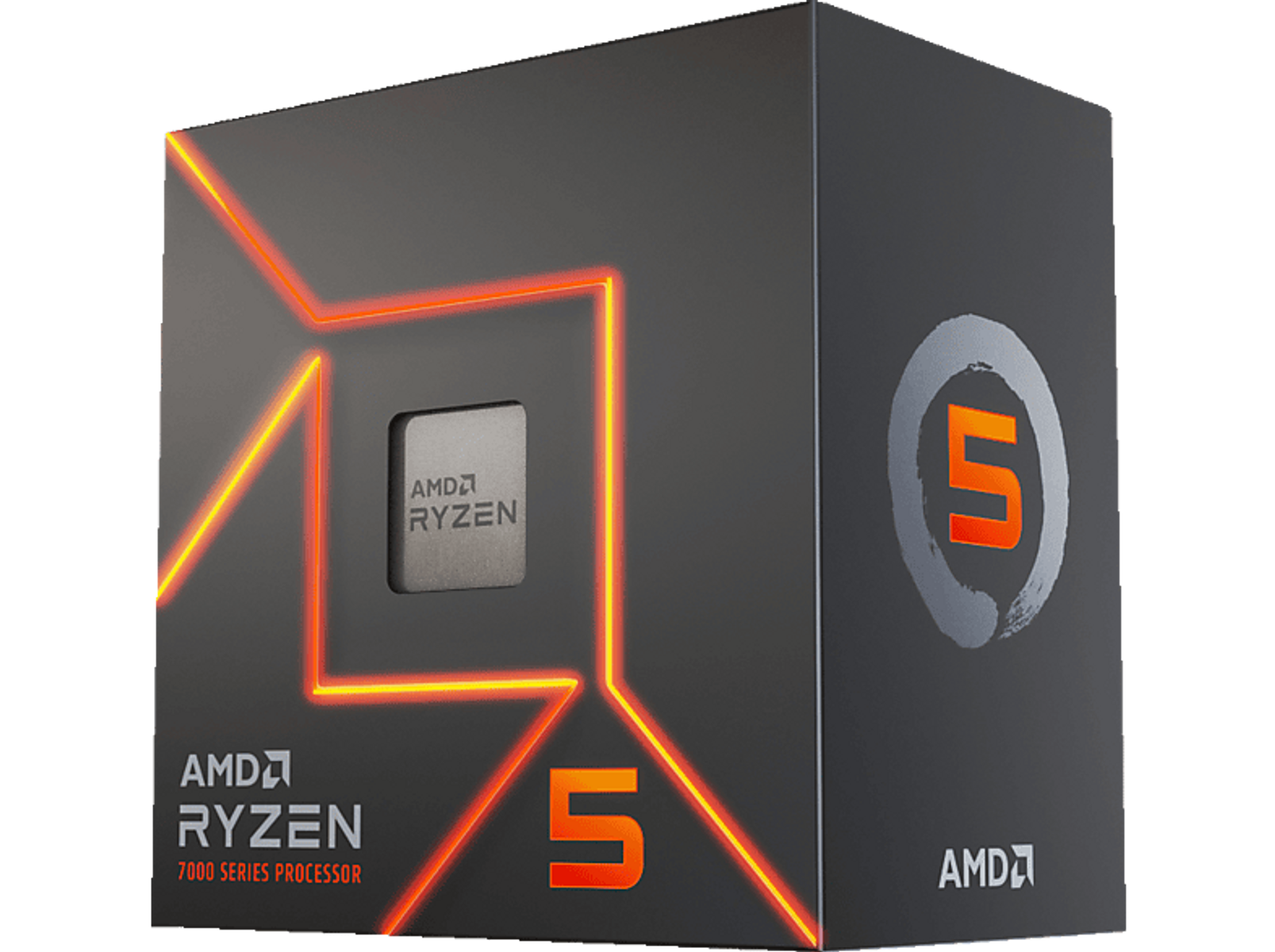 Pudełko z etykietą procesora 'AMD Ryzen 5'. Pomarańczowy design. Procesor znajduje się w środku.