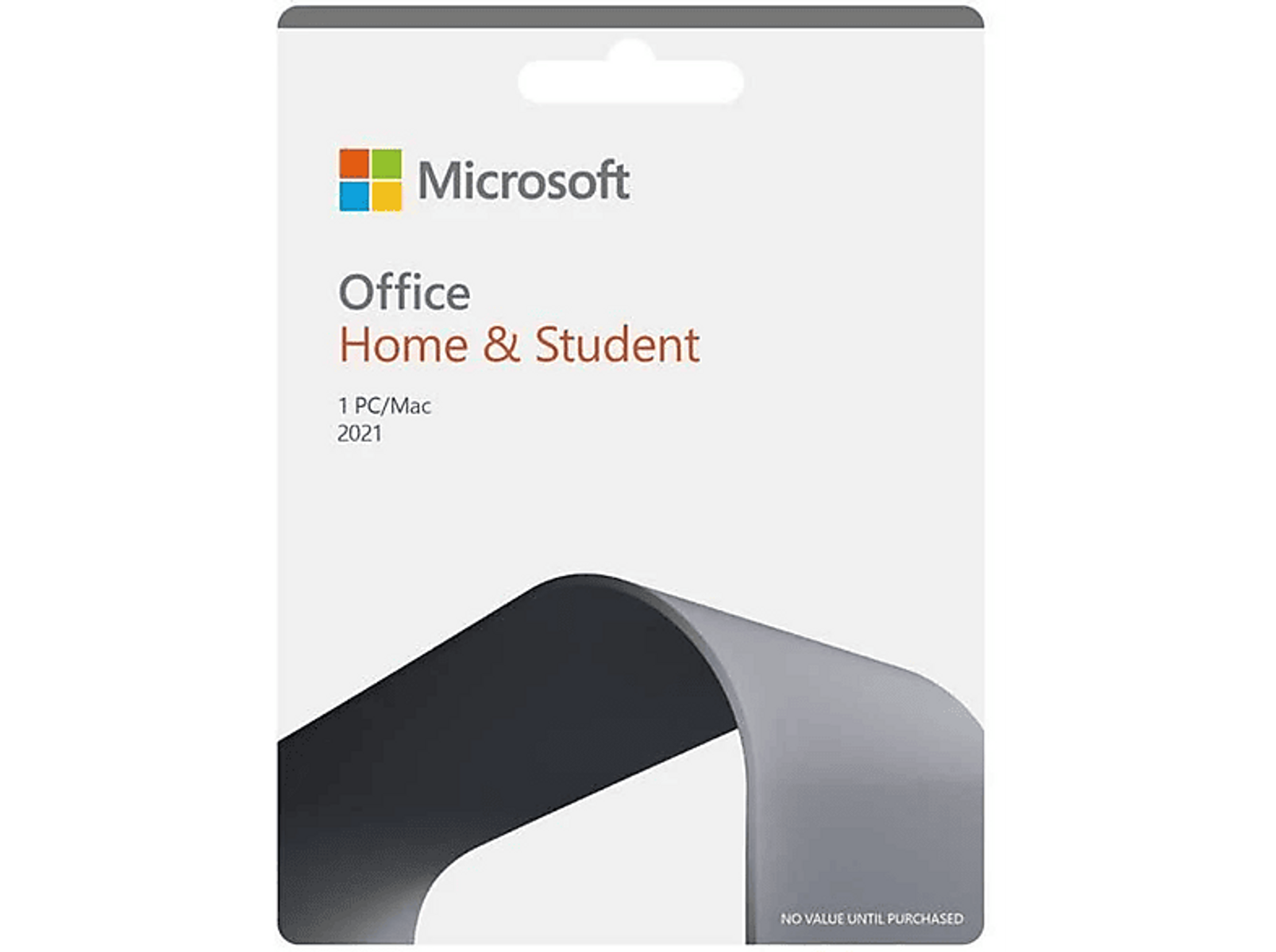 Una scatola di Microsoft Office Home & Student 2021 su sfondo bianco. Dice: 'NO VALUE UNTIL PURCHASED'.