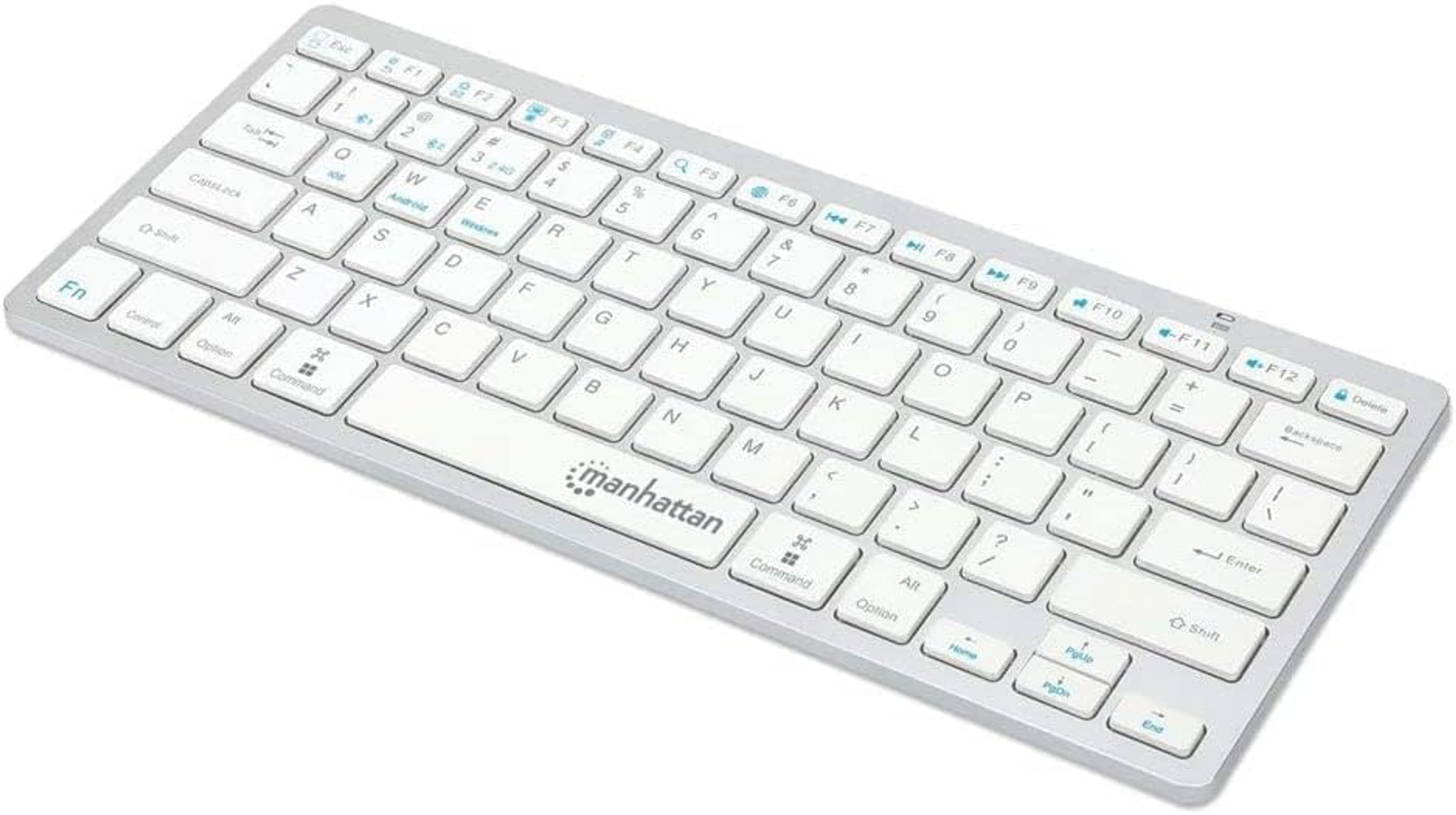 Srebrno-biała klawiatura Manhattan. Ma kompaktową konstrukcję, białe klawisze i klawisze funkcyjne. 